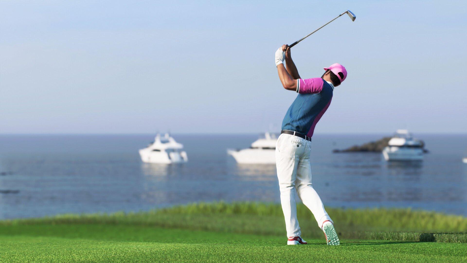 بازیکن گلف در حال ضربه به توپ در بازی EA Sports PGA Tour