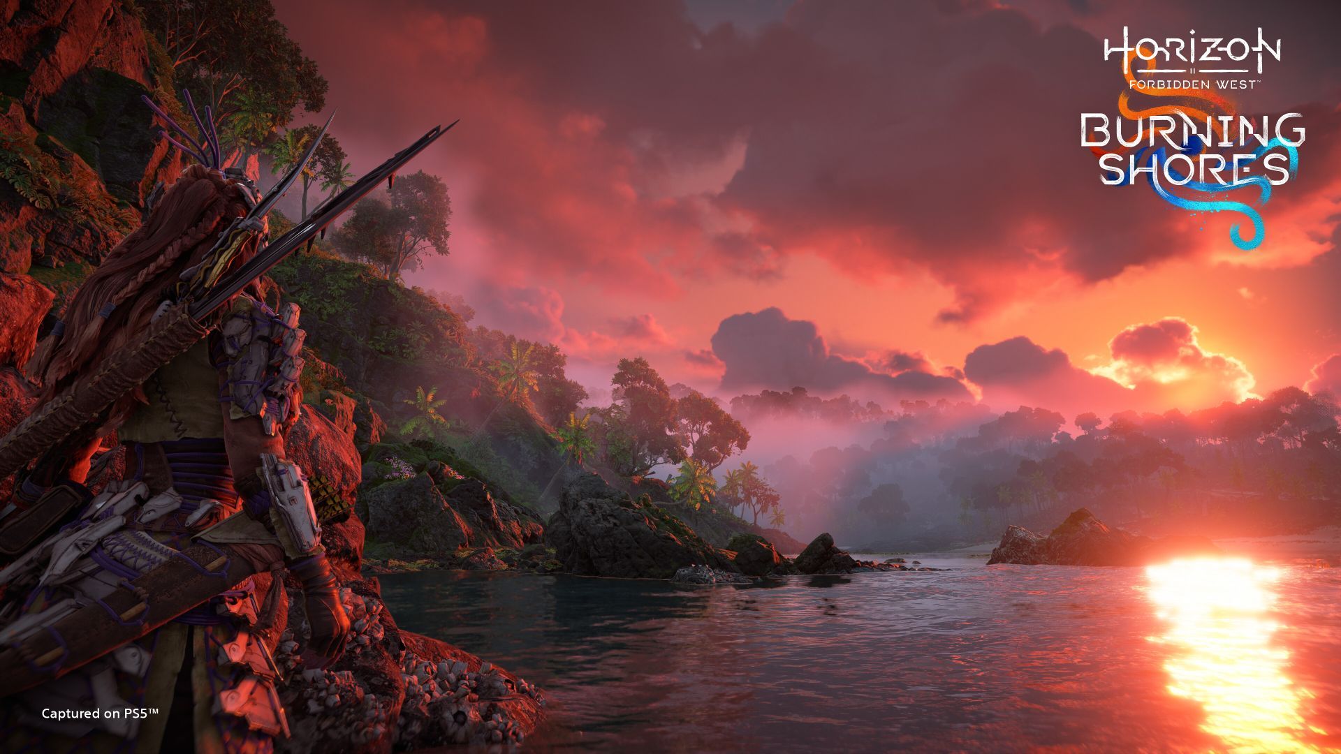 غروب آفتاب در میان ابرهای بسته الحاقی Burning Shores بازی Horizon Forbidden West