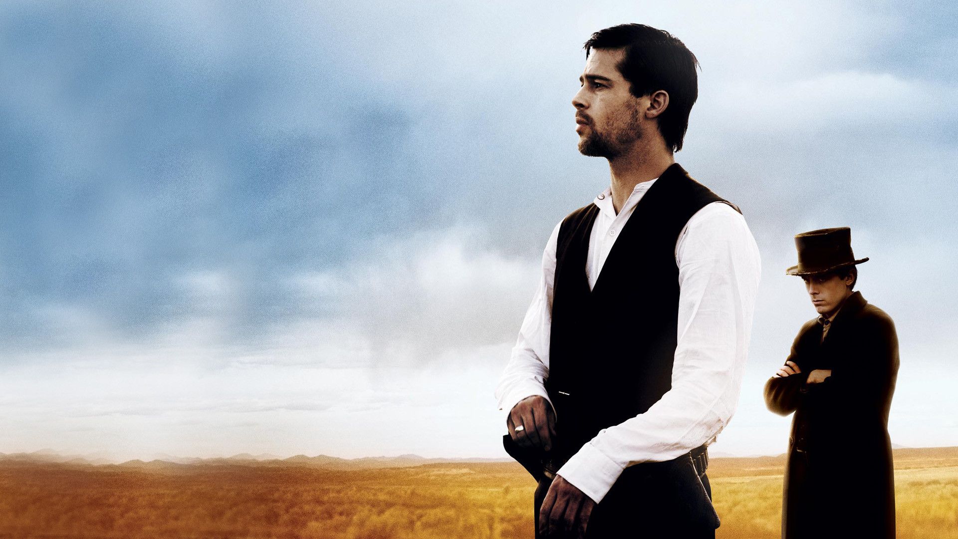 دو شخصیت اصلی جسی جیمز و رابرت فورد در پوستر فیلم وسترن و حماسی The Assassination of Jesse James by the Coward Robert Ford