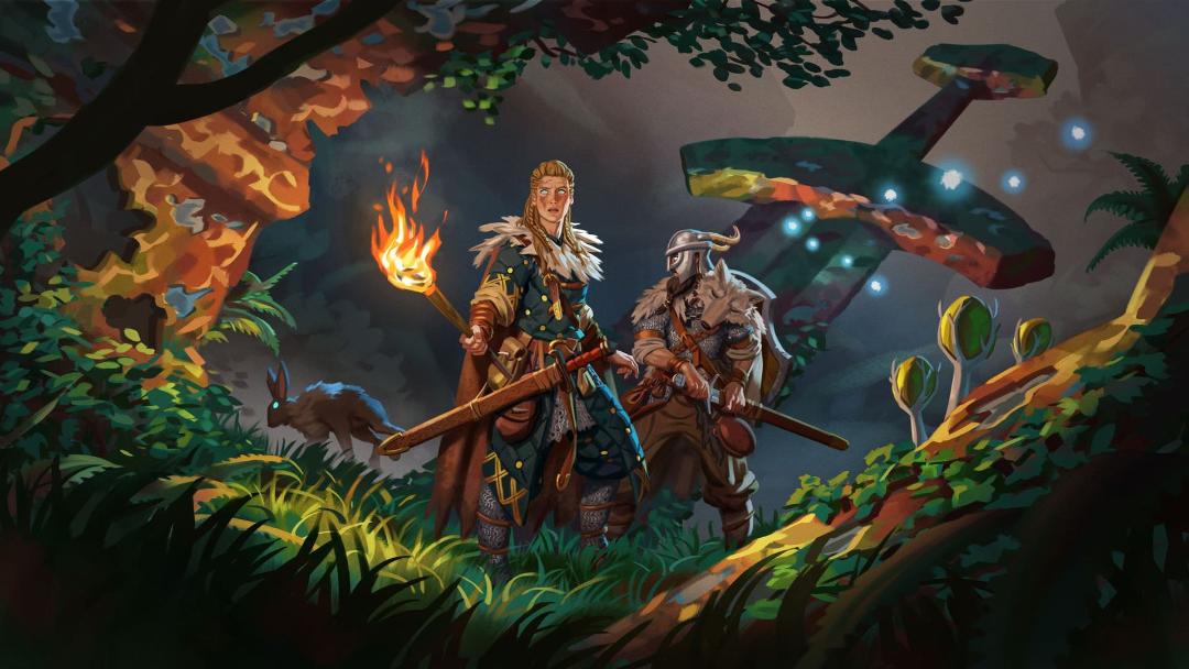 زیست‌بوم Mistlands در بازی والهایم (Valheim) با دو شخصیت جنگجو در جنگل