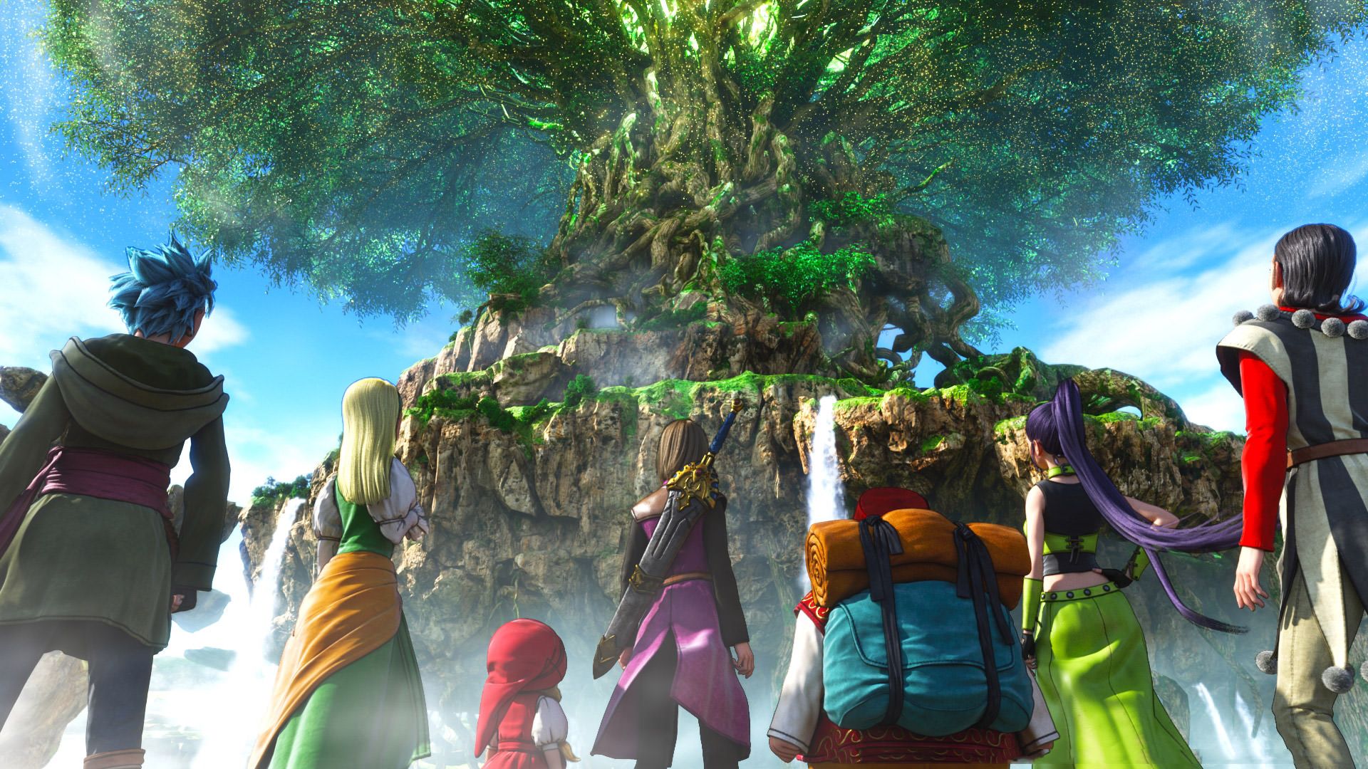 شخصیت‌های بازی Dragon Quest 11 در مقابل درختی غول پیکر