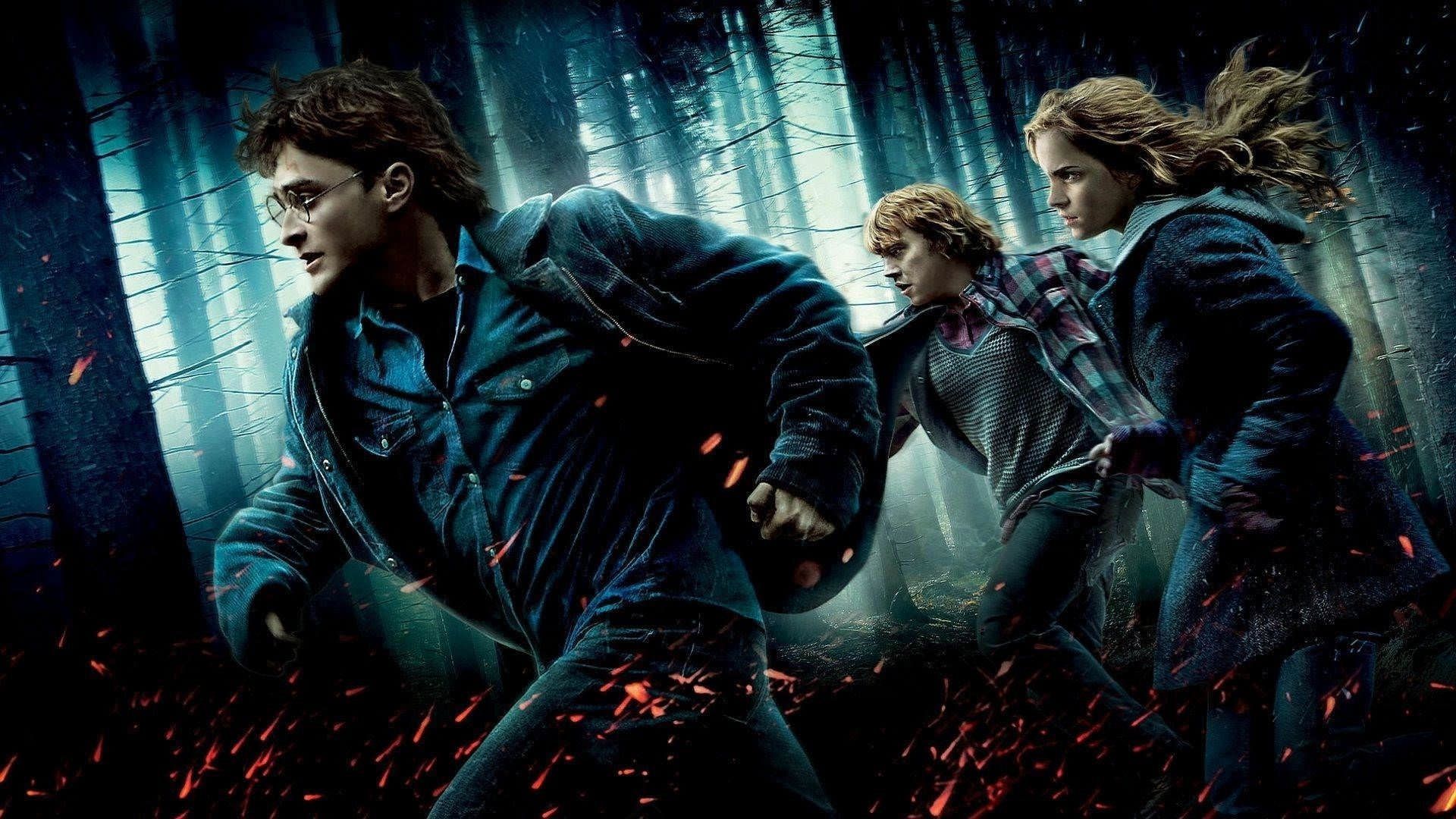 هری پاتر در حال فرار به همراه دوستانش در والپیپر فیلم Harry Potter and the Deathly Hallows: Part 1