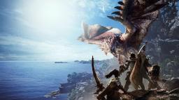 هیولای عظیم‌الجثه در بازی Monster Hunter World مقابل شکارچیان ایستاده است