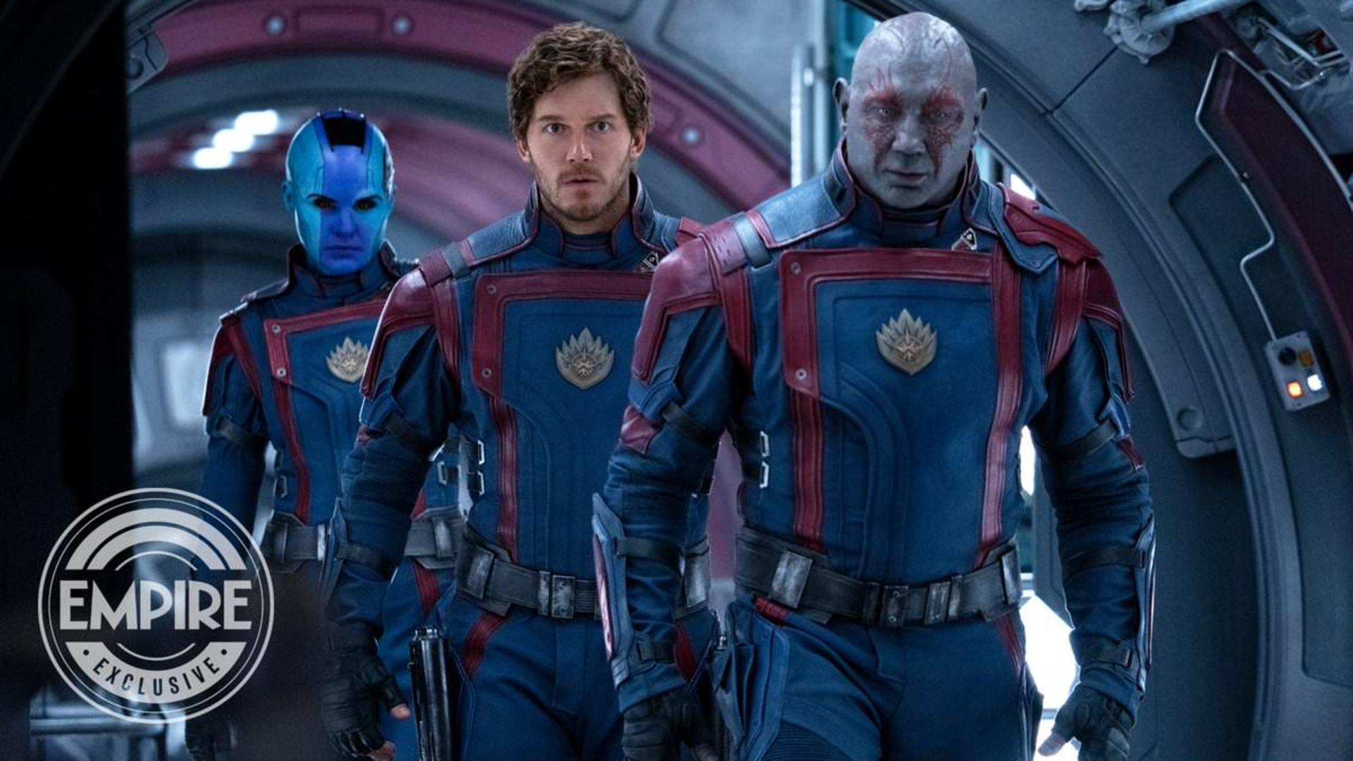 استار لرد، درکس و نبیولا در حال عبور از راهرو در فیلم Guardians of the Galaxy Vol. 3