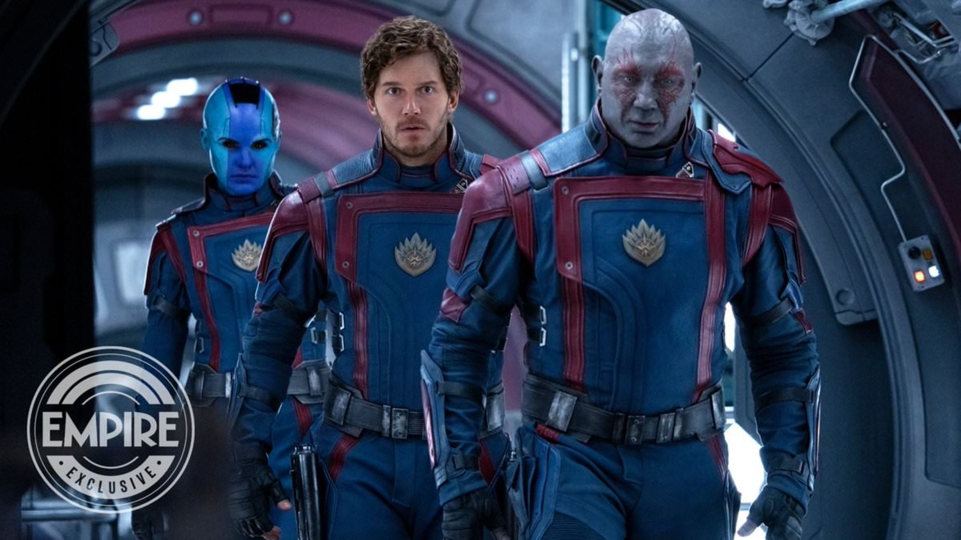 استار لرد، درکس و نبیولا در حال عبور از راهرو در فیلم Guardians of the Galaxy Vol. 3