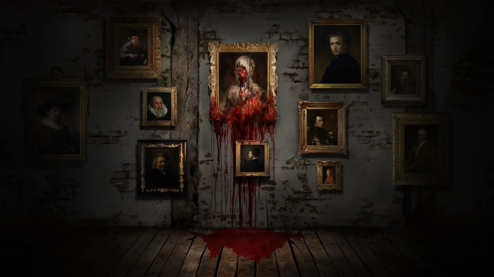 دیواری پر از تابلوی ترسناک و خونین در بازی Layers of Fear