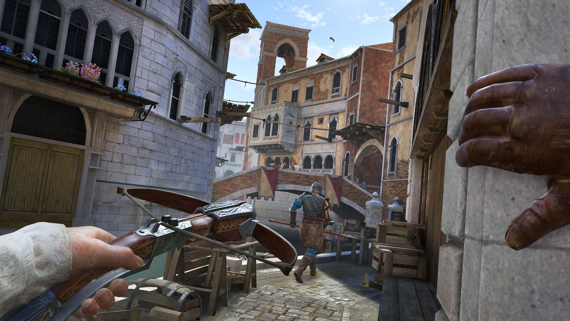 استفاده از کمان پشت دیوار برای کشتن سرباز دشمن در بازی Assassin’s Creed Nexus VR