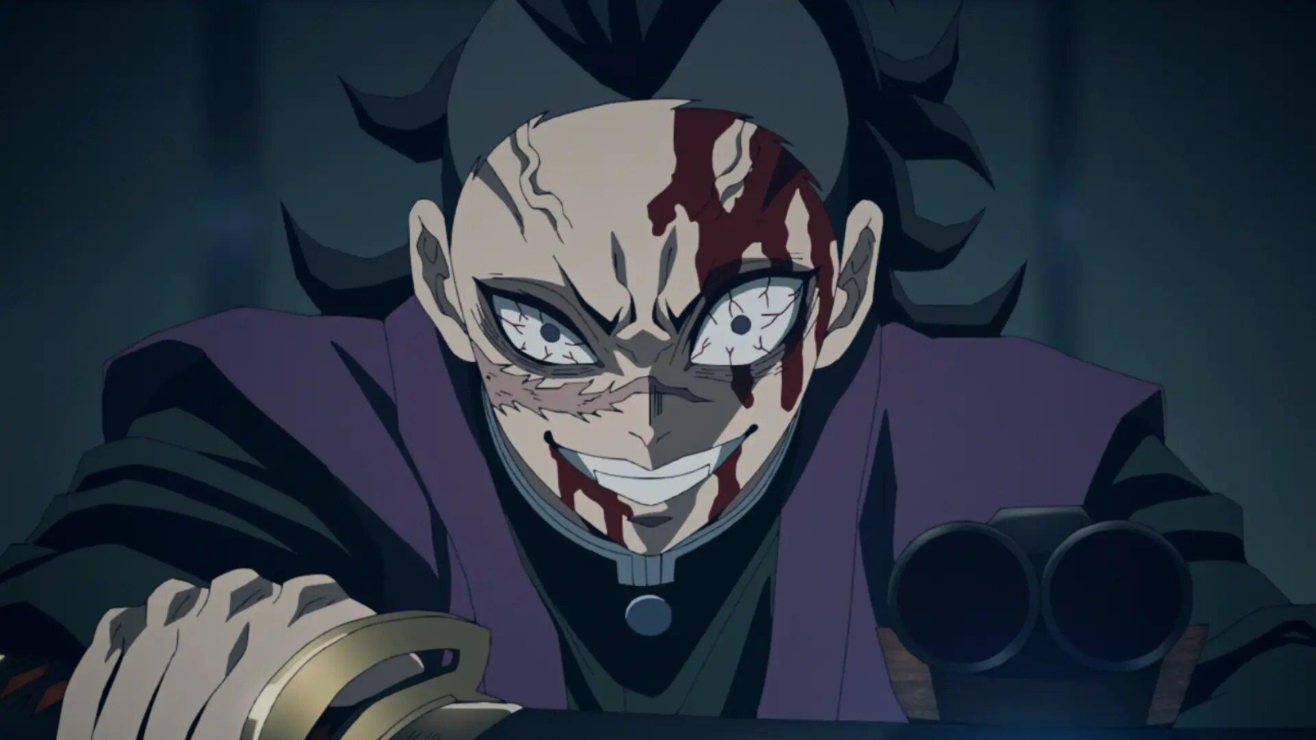 گنیا در حال مبارزه تا آخرین نفس در آرک داستانی Swordsmith Village فصل سوم انیمه Demon Slayer