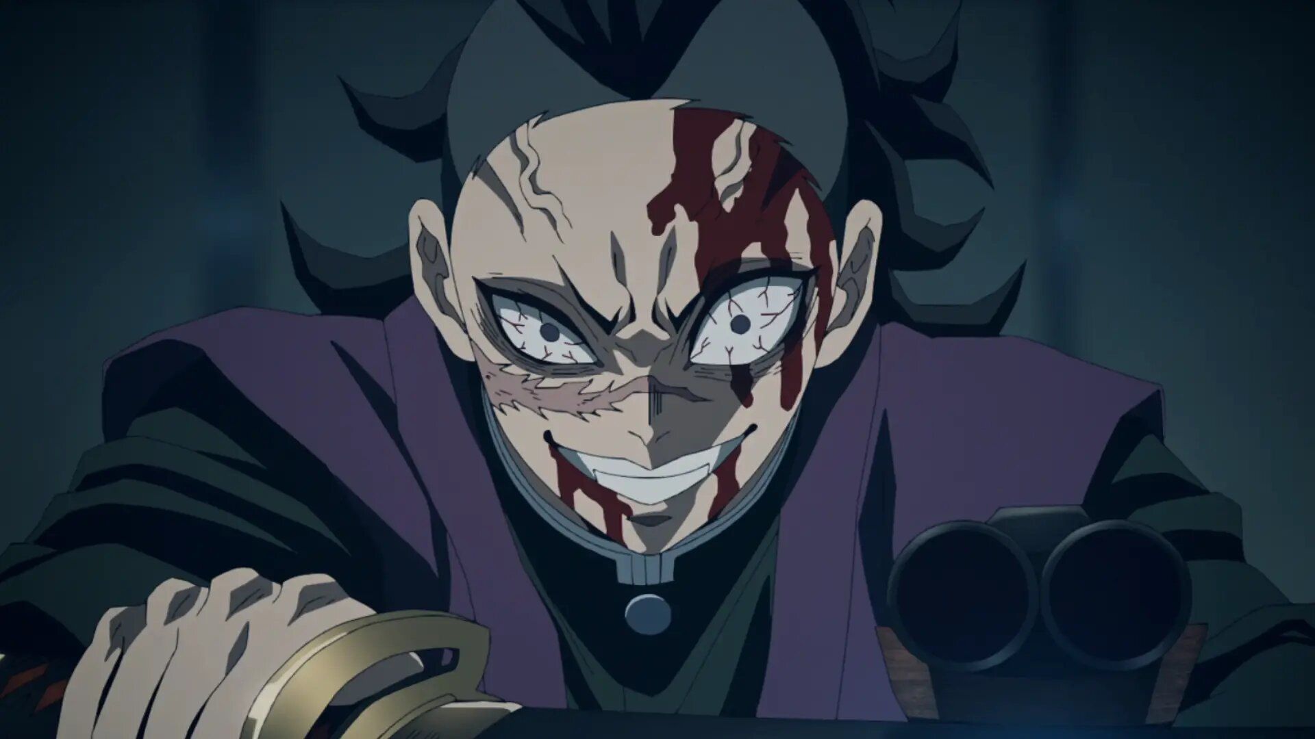 گنیا در حال مبارزه تا آخرین نفس در آرک داستانی Swordsmith Village فصل سوم انیمه Demon Slayer