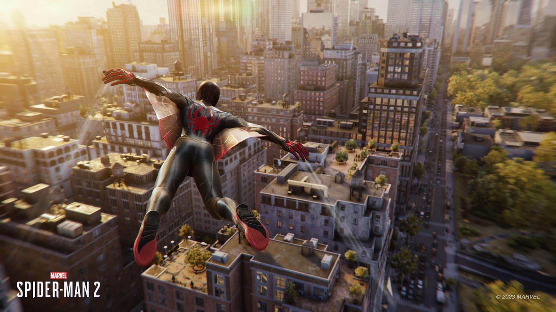 پرواز مایلز مورالس بر فراز نیویورک در بازی Marvel’s Spider-Man 2