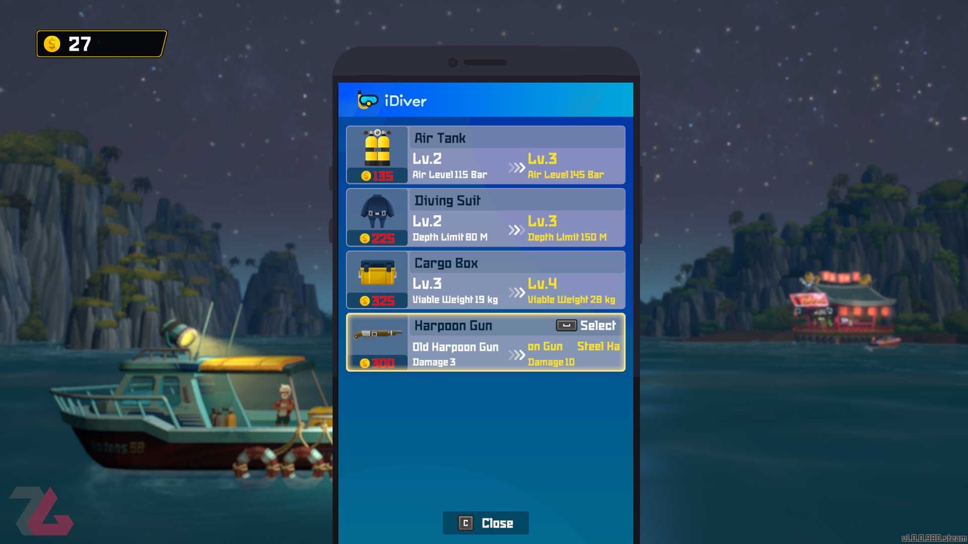 قایق در شب و منو آپدیت توانایی های غواصی دیو در بازی Dave the Diver