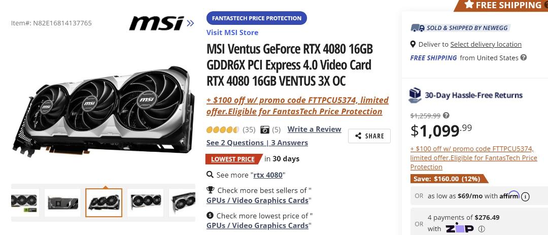 قیمت کارت گرافیک RTX 4080 در فروشگاه Newegg