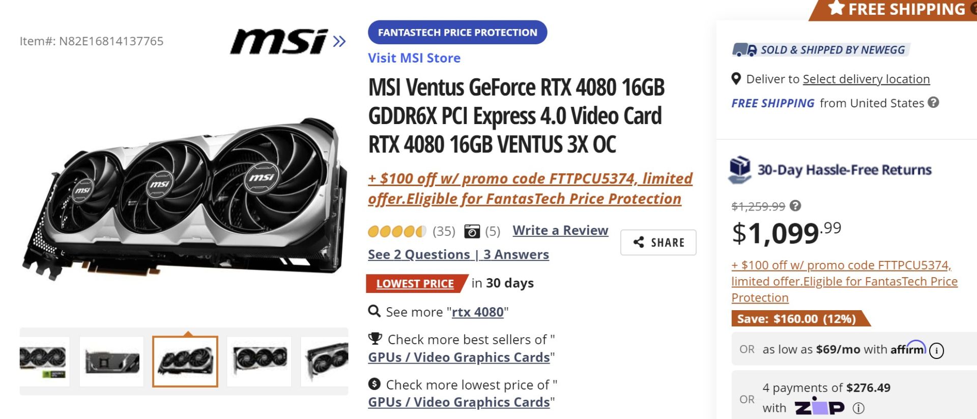 قیمت کارت گرافیک RTX 4080 در فروشگاه Newegg