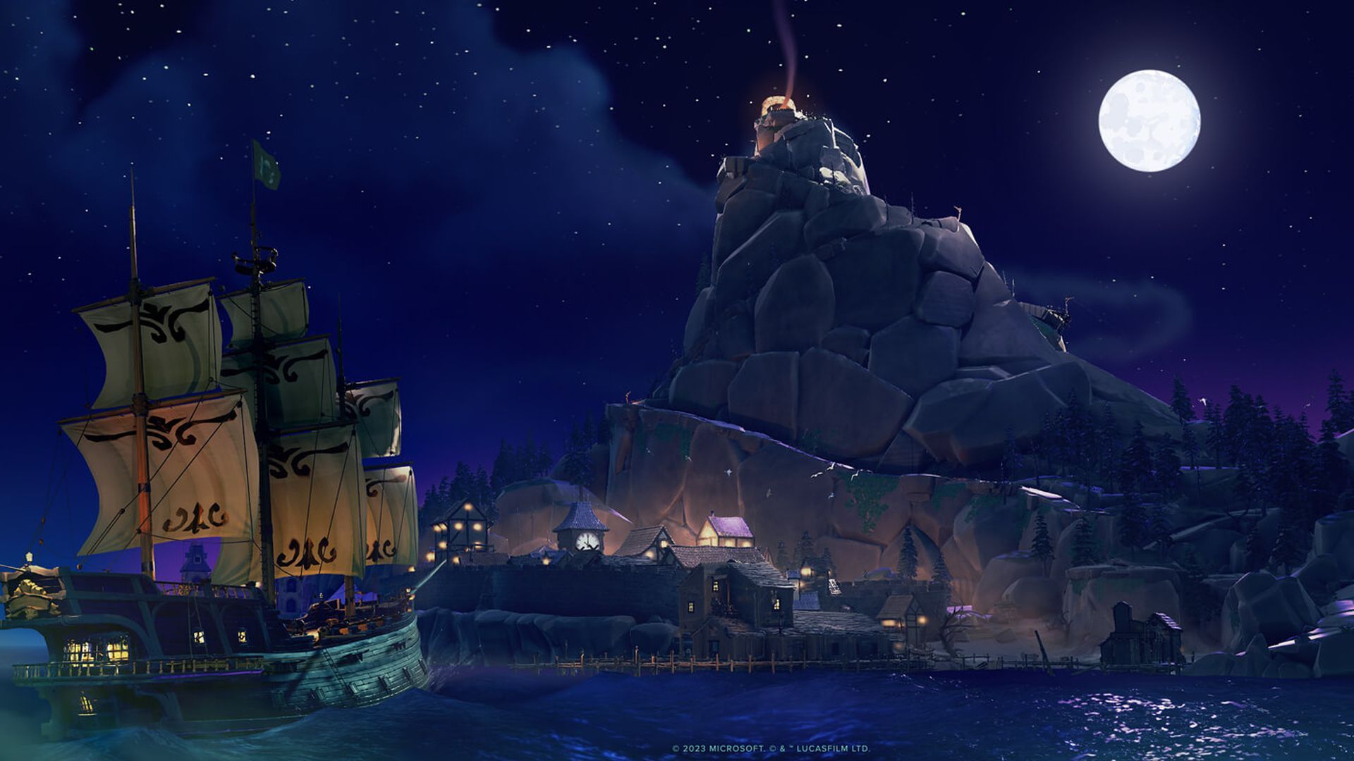 منظره مهتابی و کوهستان در بازی Sea of Thieves: The Legend of Monkey Island