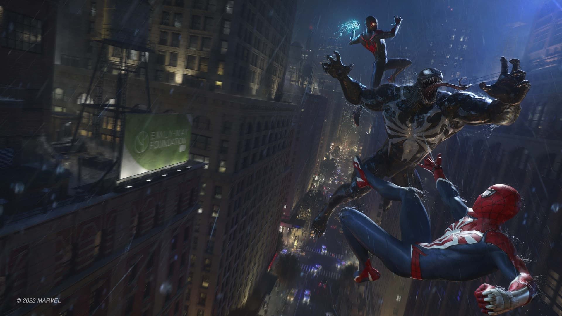 پیتر پارکر و مایلز مورالس در حال مبارزه با ونوم در بازی Marvel’s Spider-Man 2