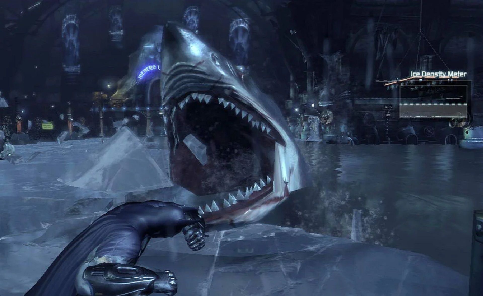 رویارویی بتمن و کوسه‌ی کاراکتر پنگوئن در بازی Batman Arkham City