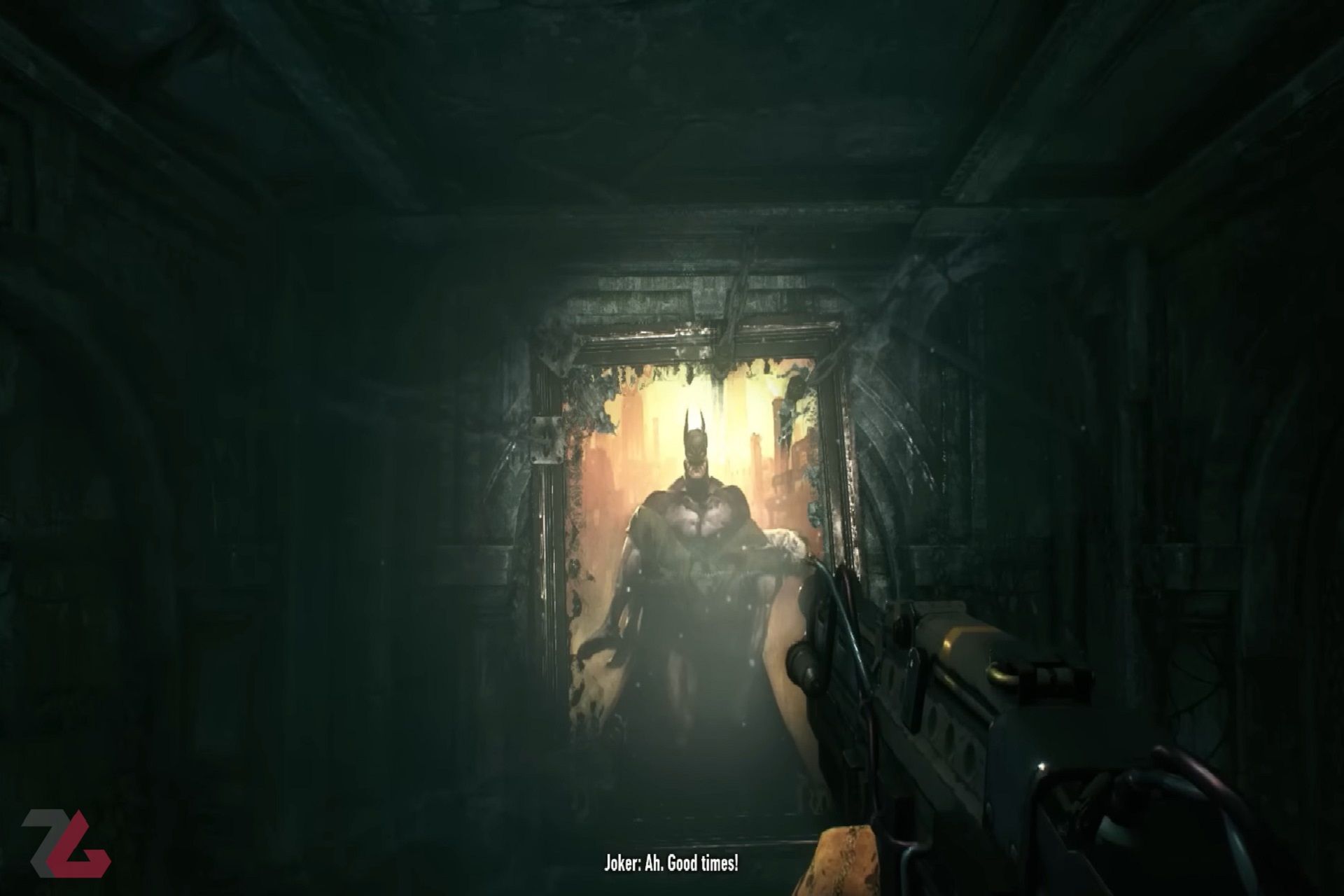 نمایش جوکر در آغوش بتمن در یک نقاشی از بازی Batman Arkham Knight