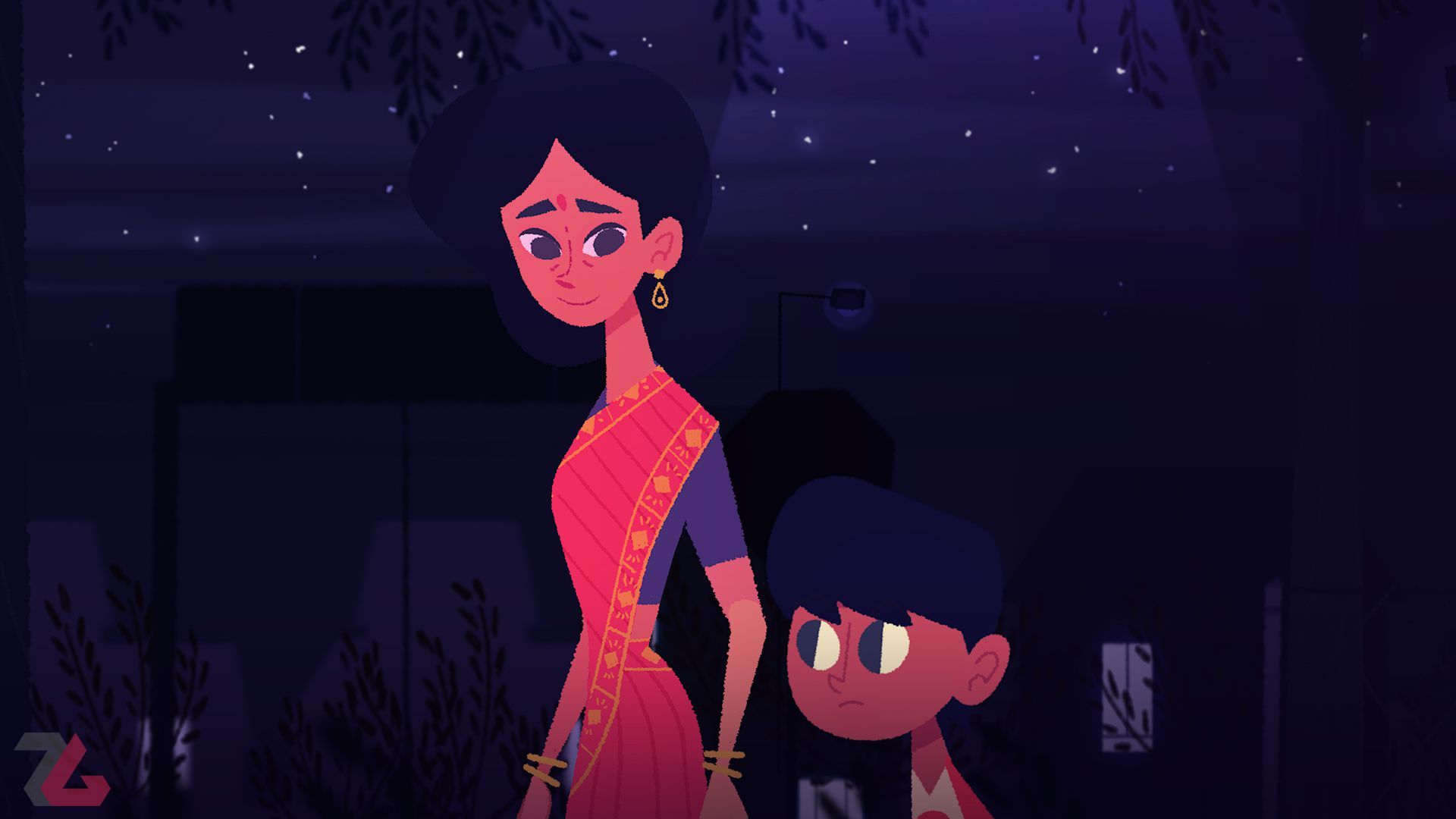 ونبا و پسرش در حال پیاده روی در شب در بازی Venba