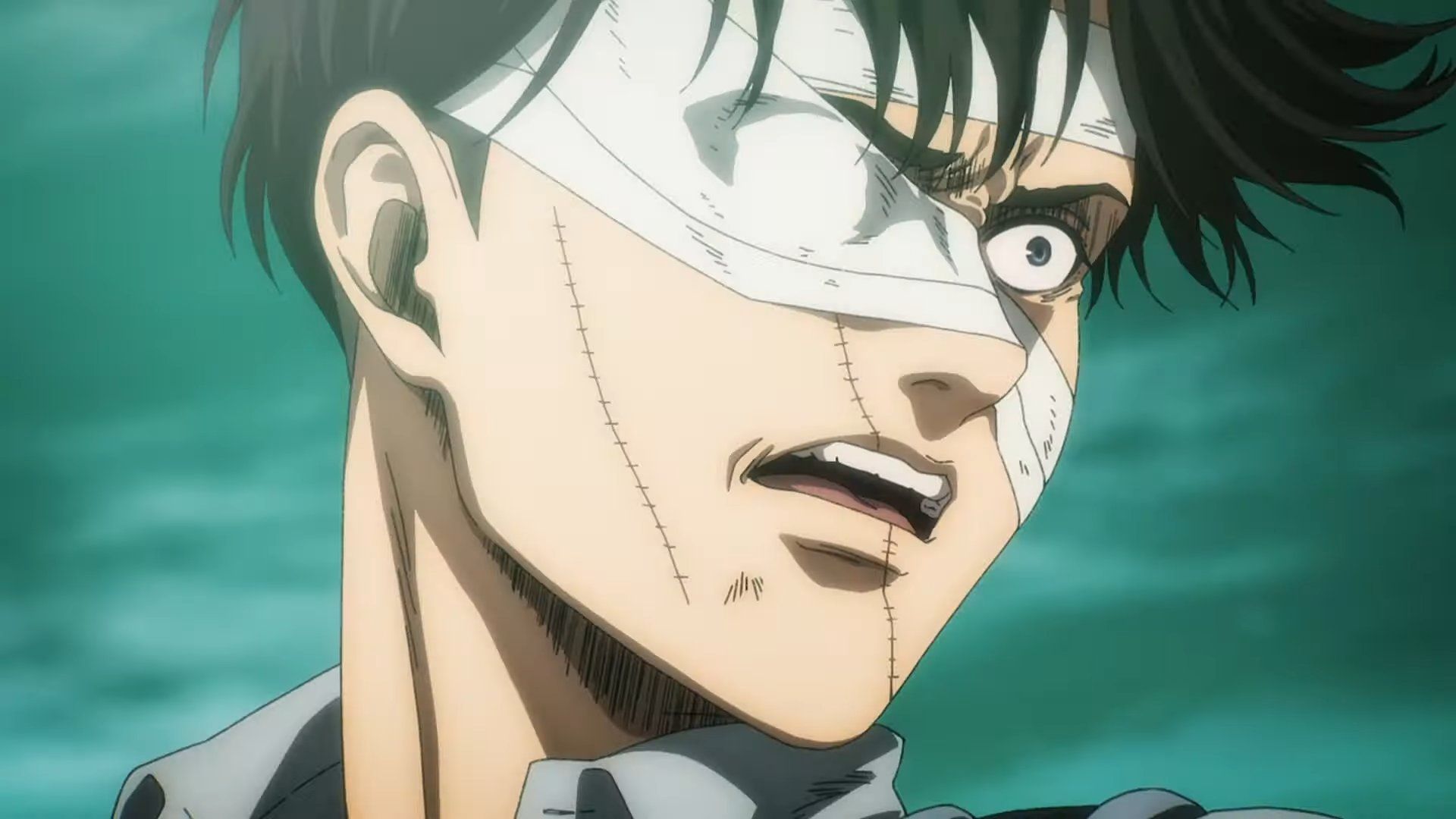 صورت وحشت زده لیوای آکرمن در نیمه دوم بخش سوم فصل چهارم انیمه Attack on Titan 