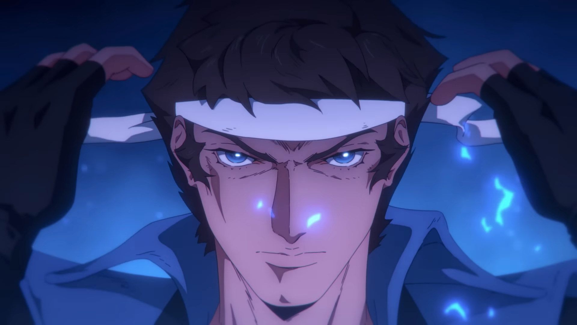 ریکتر بلمونت در حال بستن هدبند سفید رنگ در انیمیشن Castlevania: Nocturne