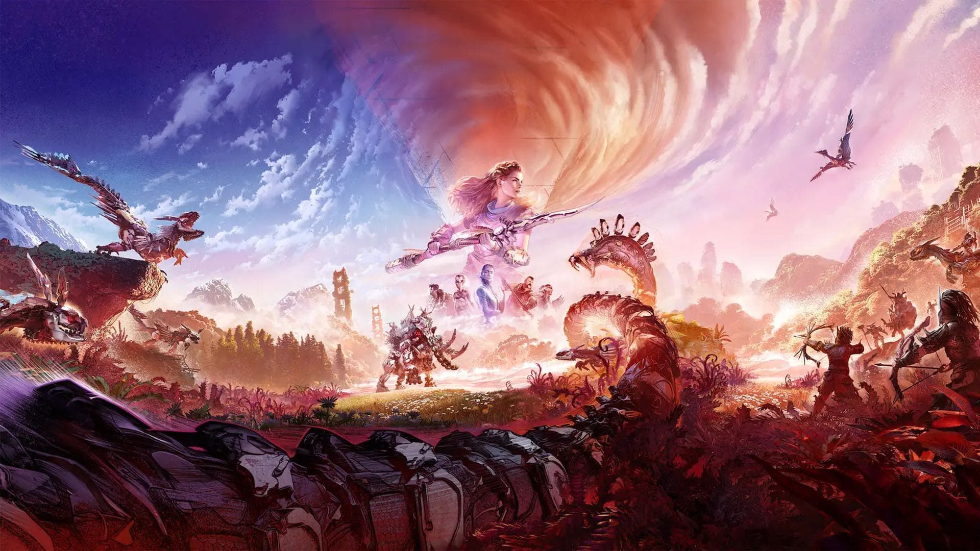 پوستر بازی Horizon Forbidden West: Complete Edition با حضور ایلوی و برخی دشمنان او