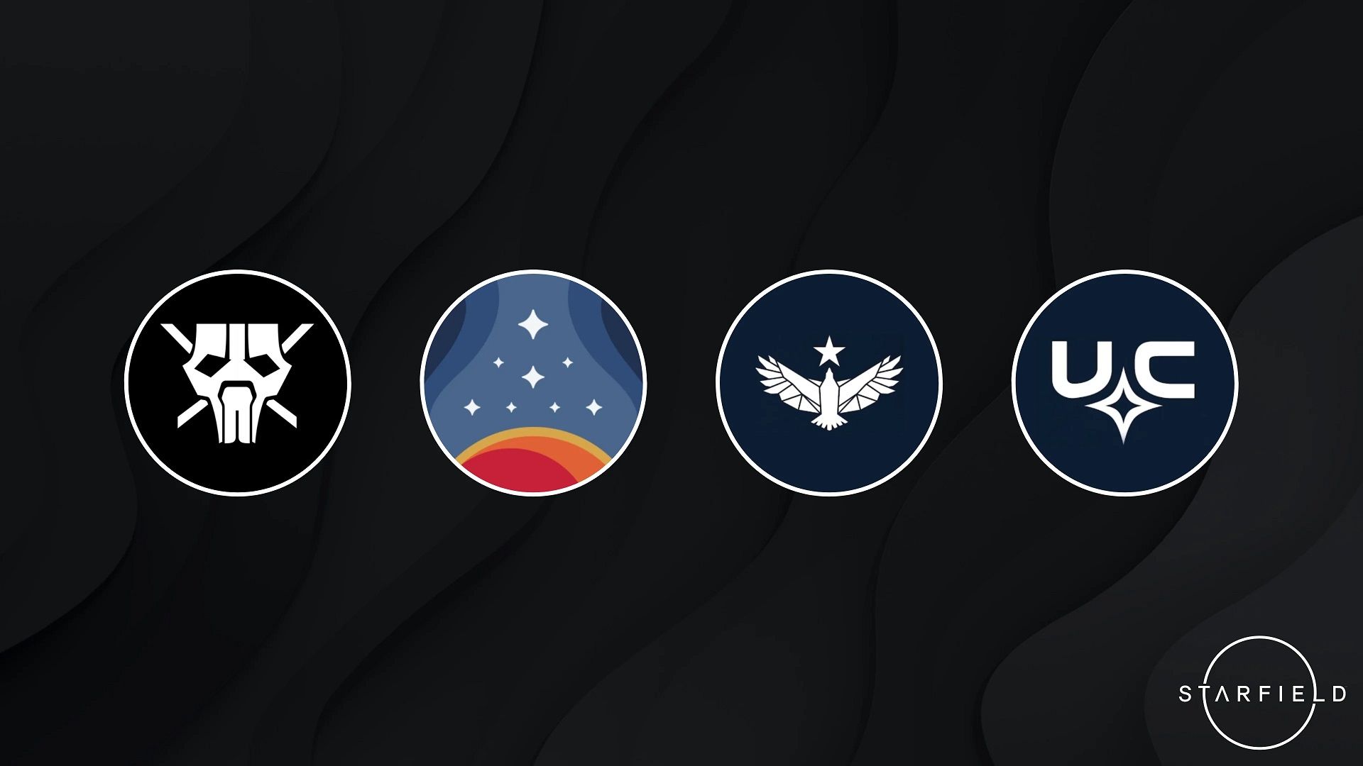 والپیپر بازی Starfield همراه با لوگوی گروه‌های اصلی این بازی