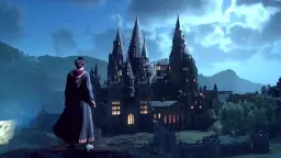 پسر جادوگر در مقابل چشم‌انداز قلعه هاگوارتز در بازی Hogwarts Legacy