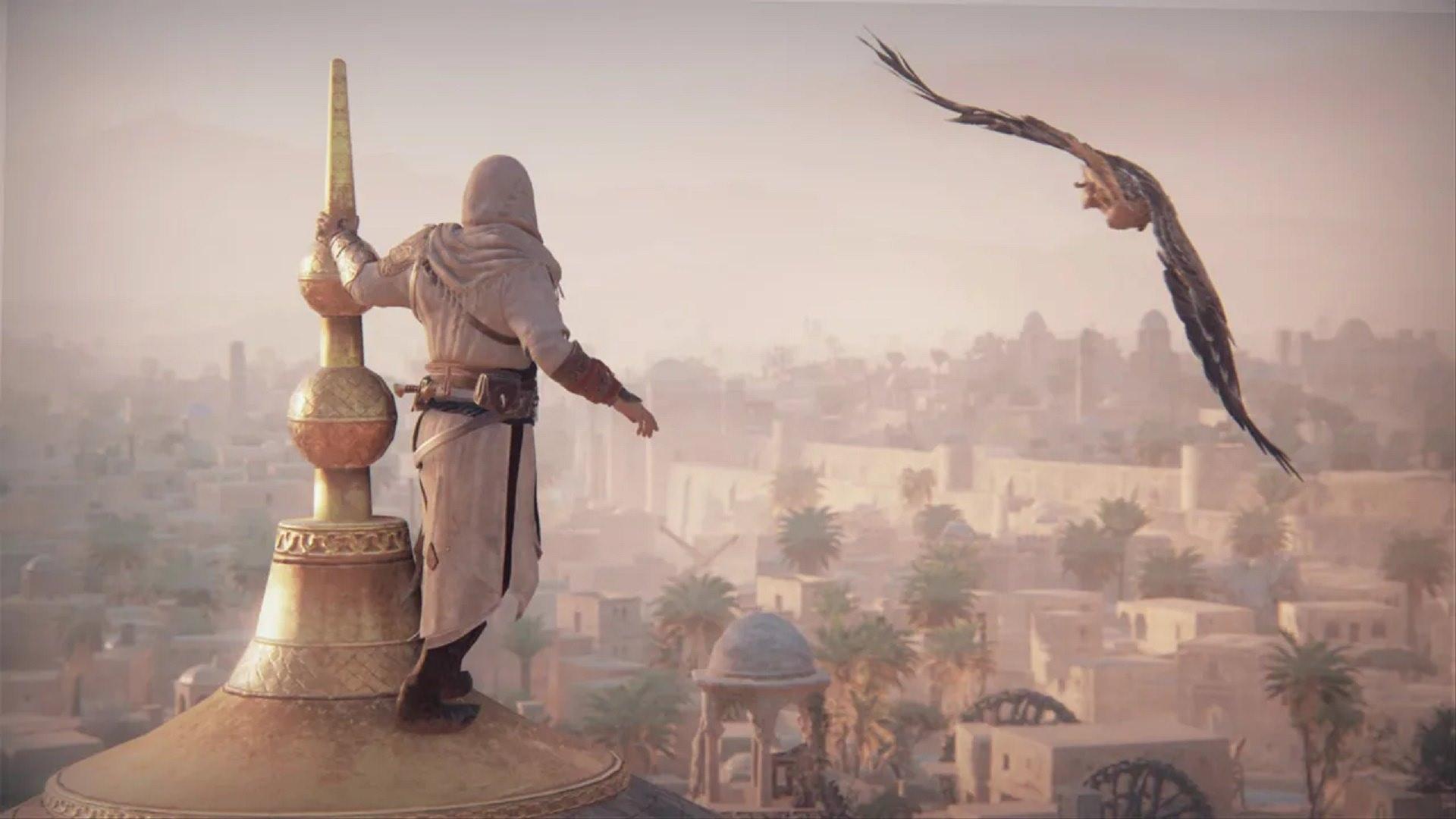 باسم و عقابش برفراز شهر بغداد در بازی Assassin’s Creed Mirage