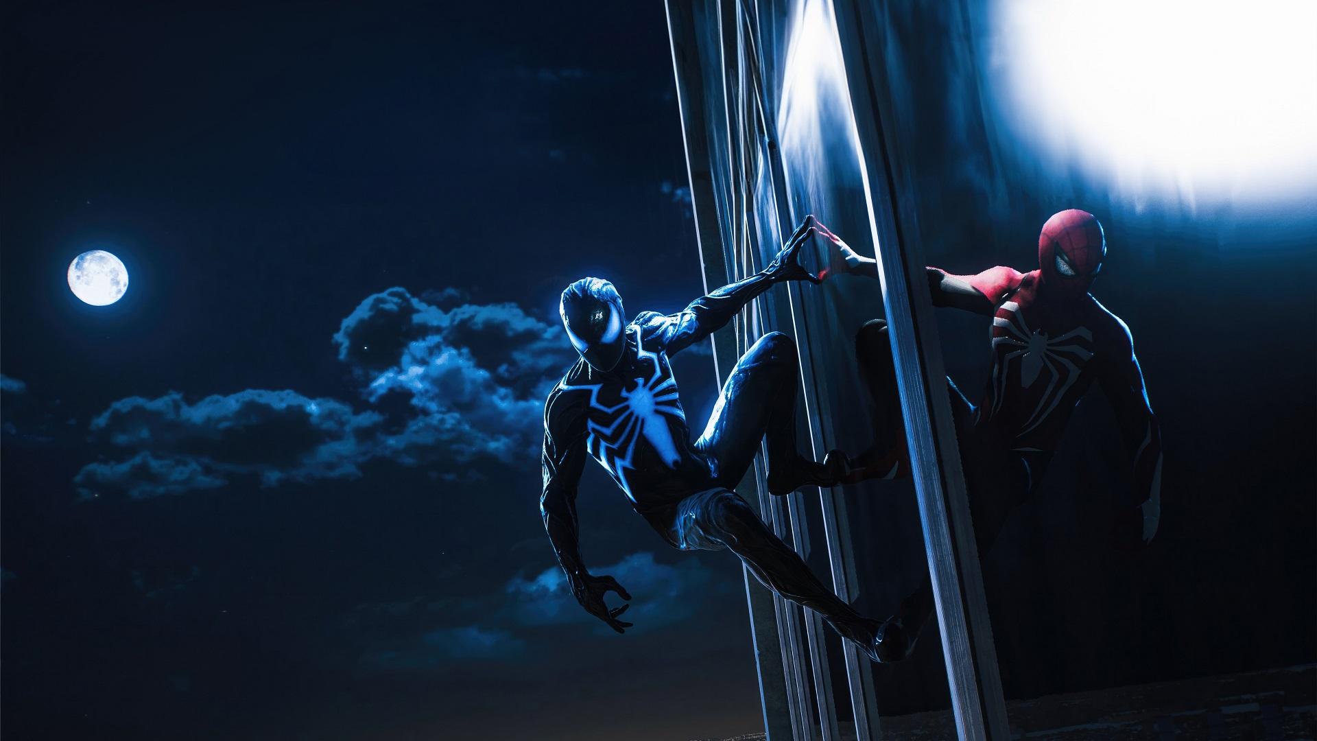 تصویر هنری مرد عنکبوتی سیمبیوت در شب بازی Marvel’s Spider-Man 2