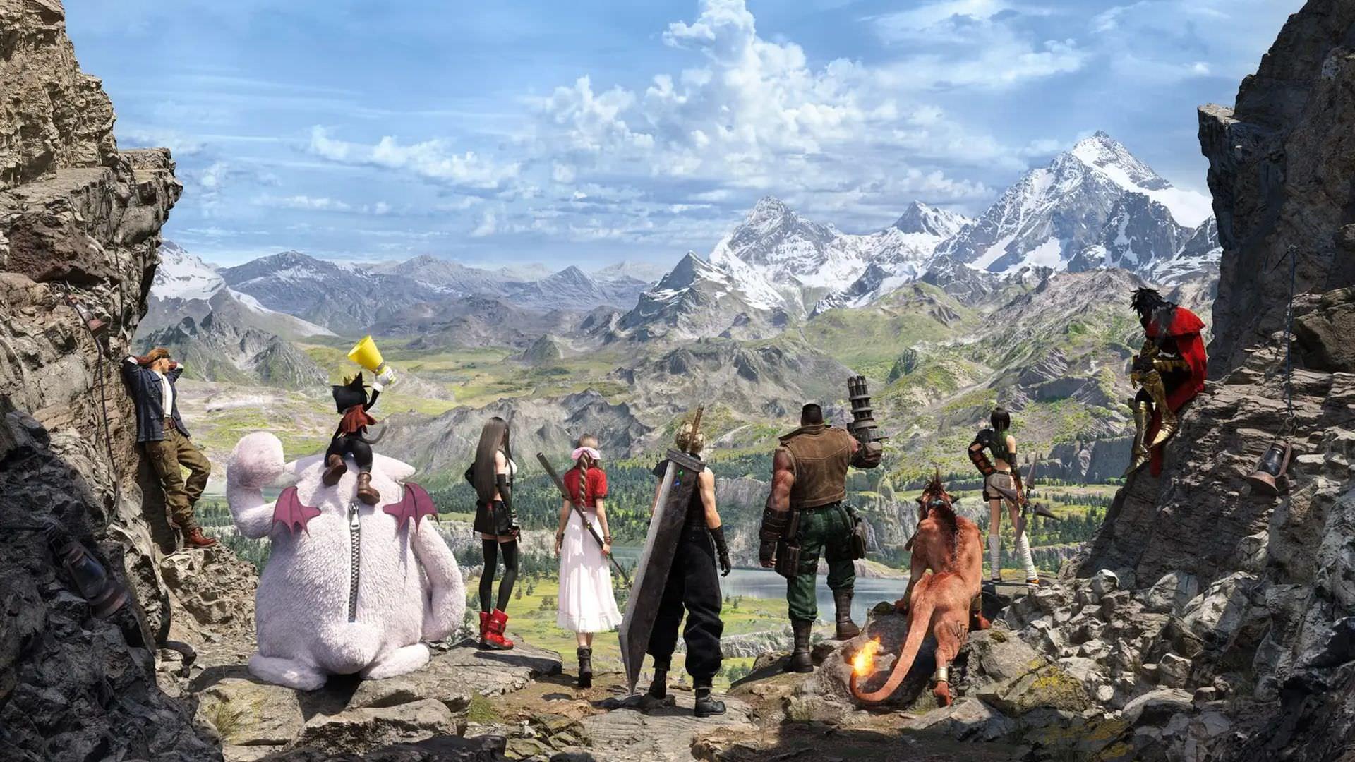 کلود و همراهانش ایستاده در برابر منظره کوهستانی Final Fantasy 7