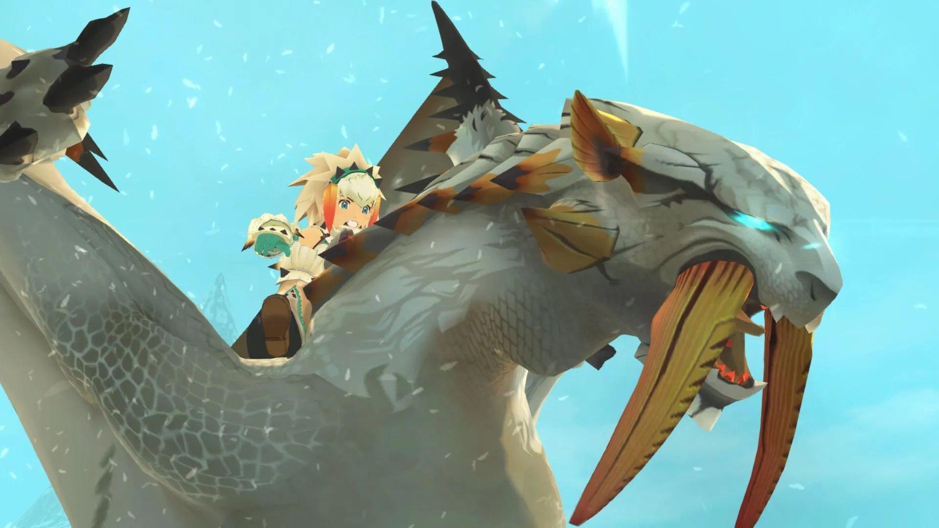 سوار شدن اژدهایی با دندان‌های بزرگ در بازی Monster Hunter Stories 2: Wings of Ruin