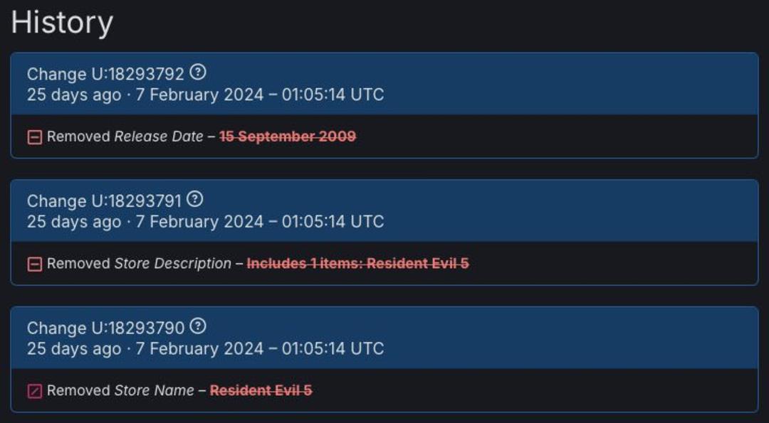 تغییرات صفحه Resident Evil 5 در پایگاه SteamDB