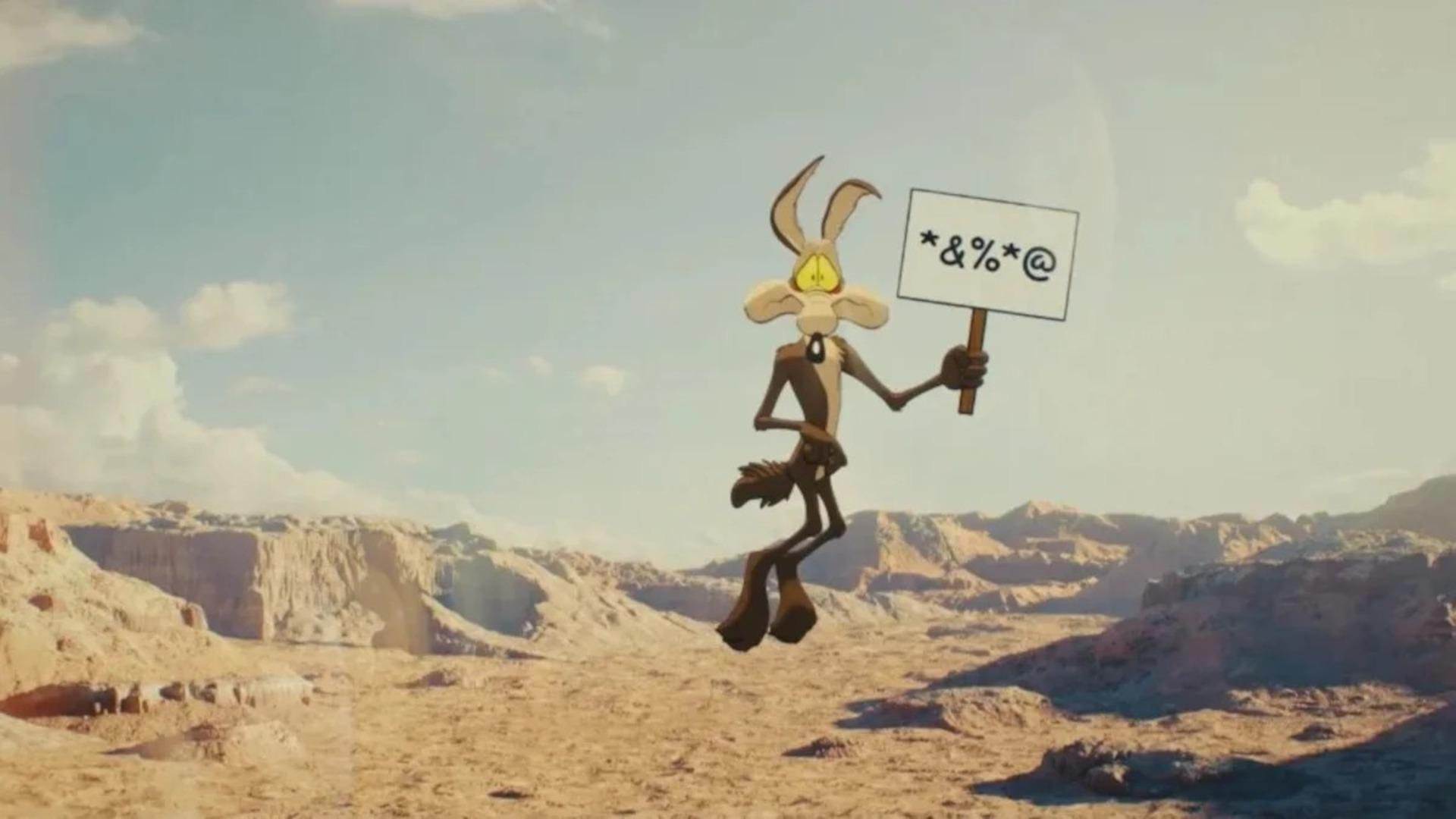 کایوت نگران با تابلویی در دست در فیلم Coyote vs. Acme 