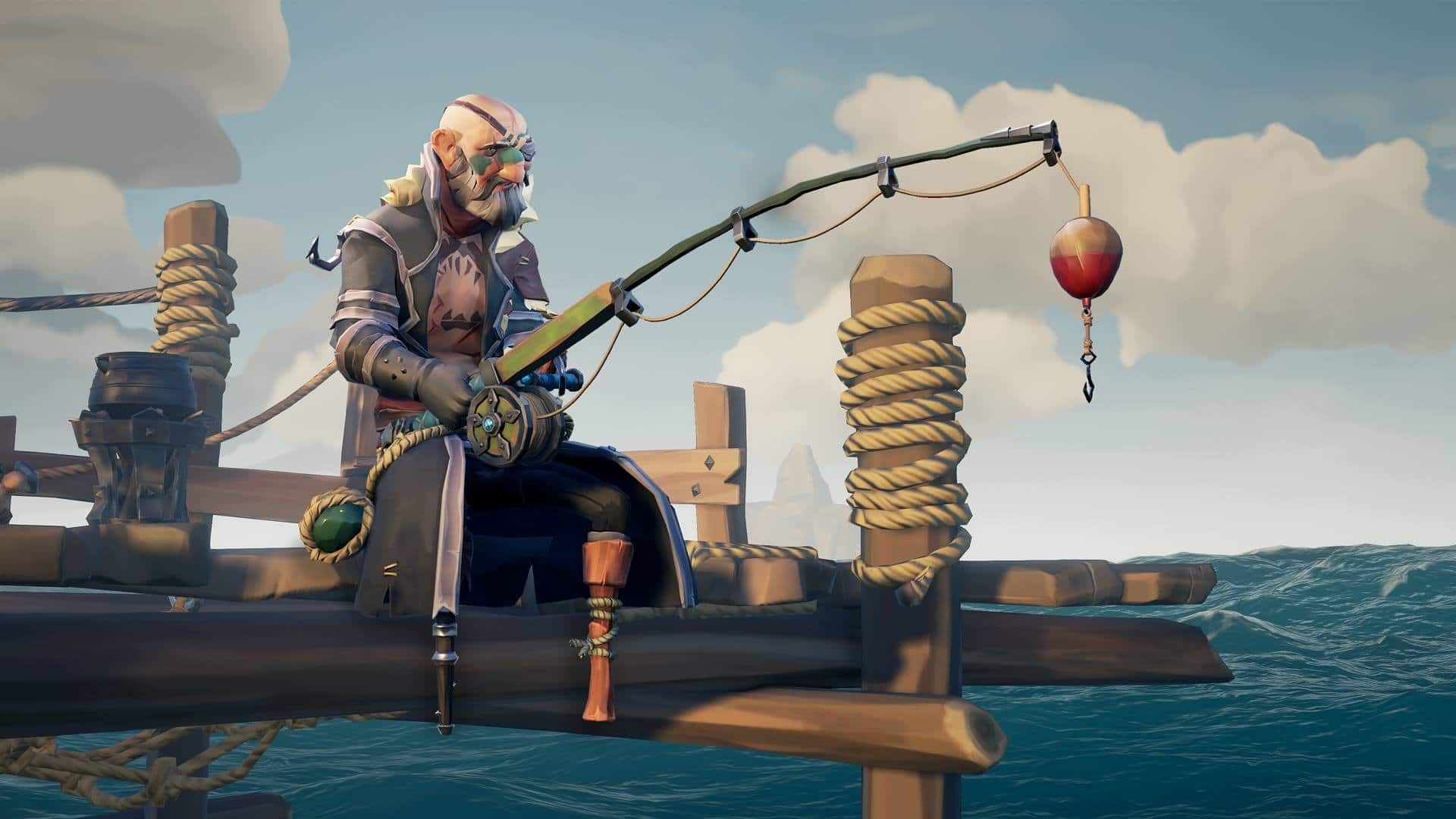 دزد دریایی در حال ماهیگیری در بازی Sea of Thieves