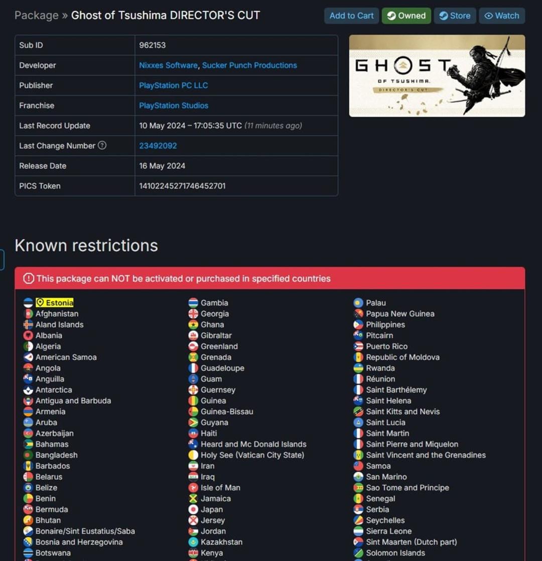 لیست کشورهای حذف شده نسخه استیم بازی Ghost of Tsushima Director’s Cut