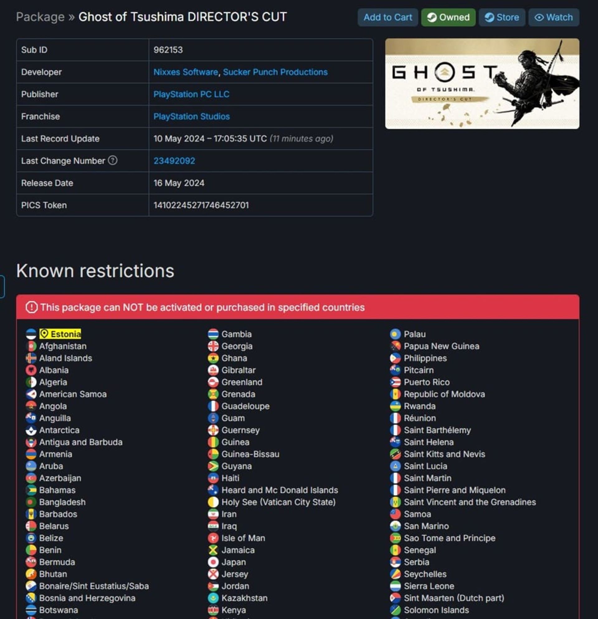 لیست کشورهای حذف شده نسخه استیم بازی Ghost of Tsushima Director’s Cut