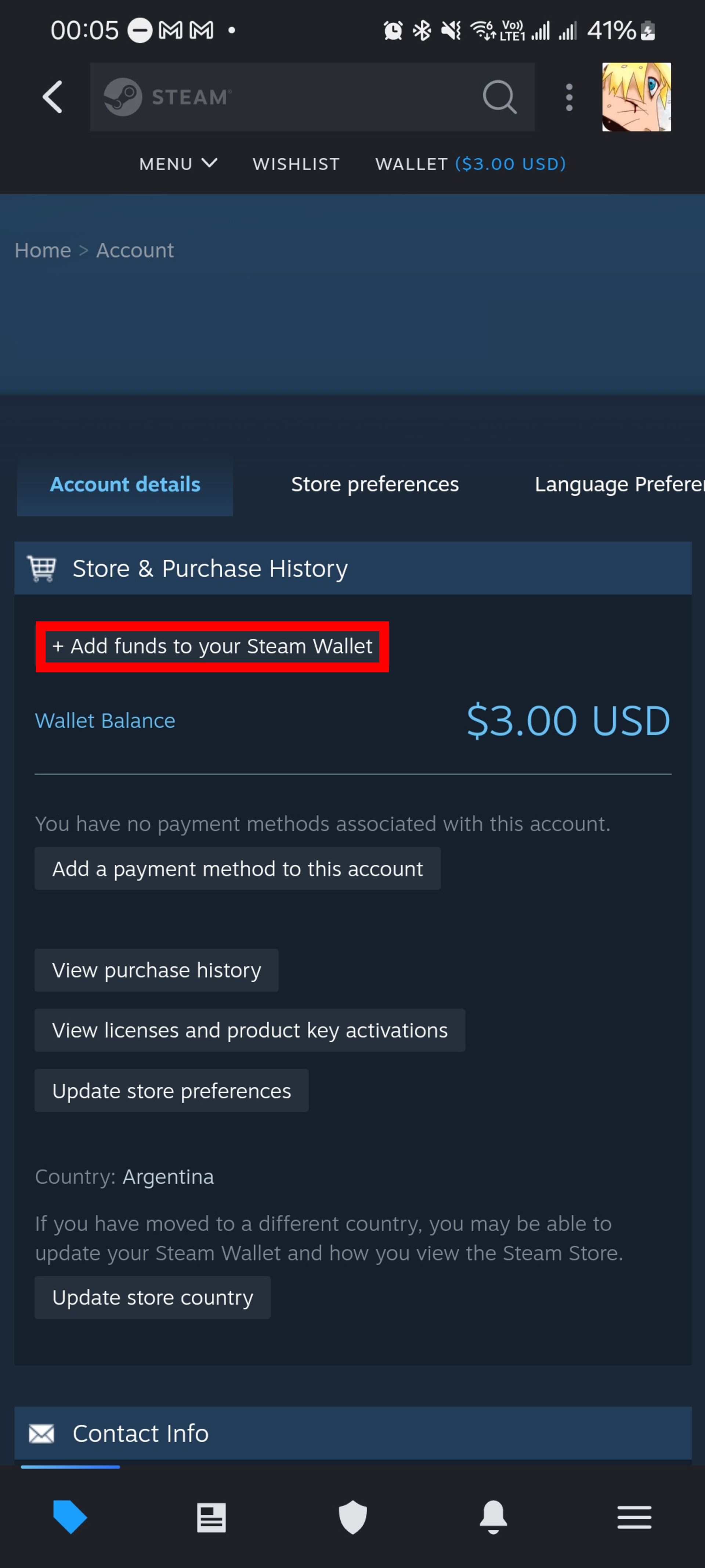 انتخاب گزینه add funds to your steam wallet در برنامه استیم (Steam)