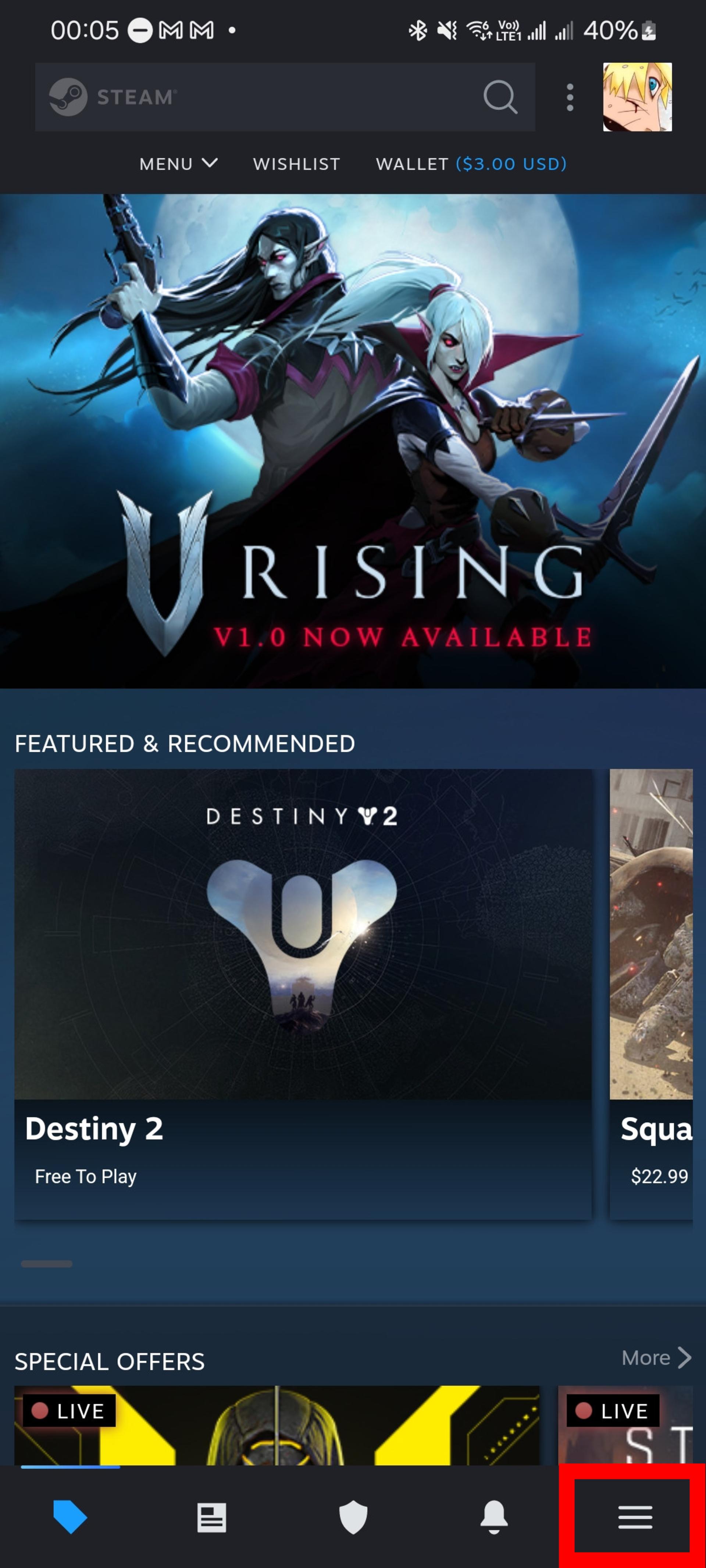 انتخاب سه خط افقی واقع شده در پایین و سمت راست برنامه استیم (Steam)