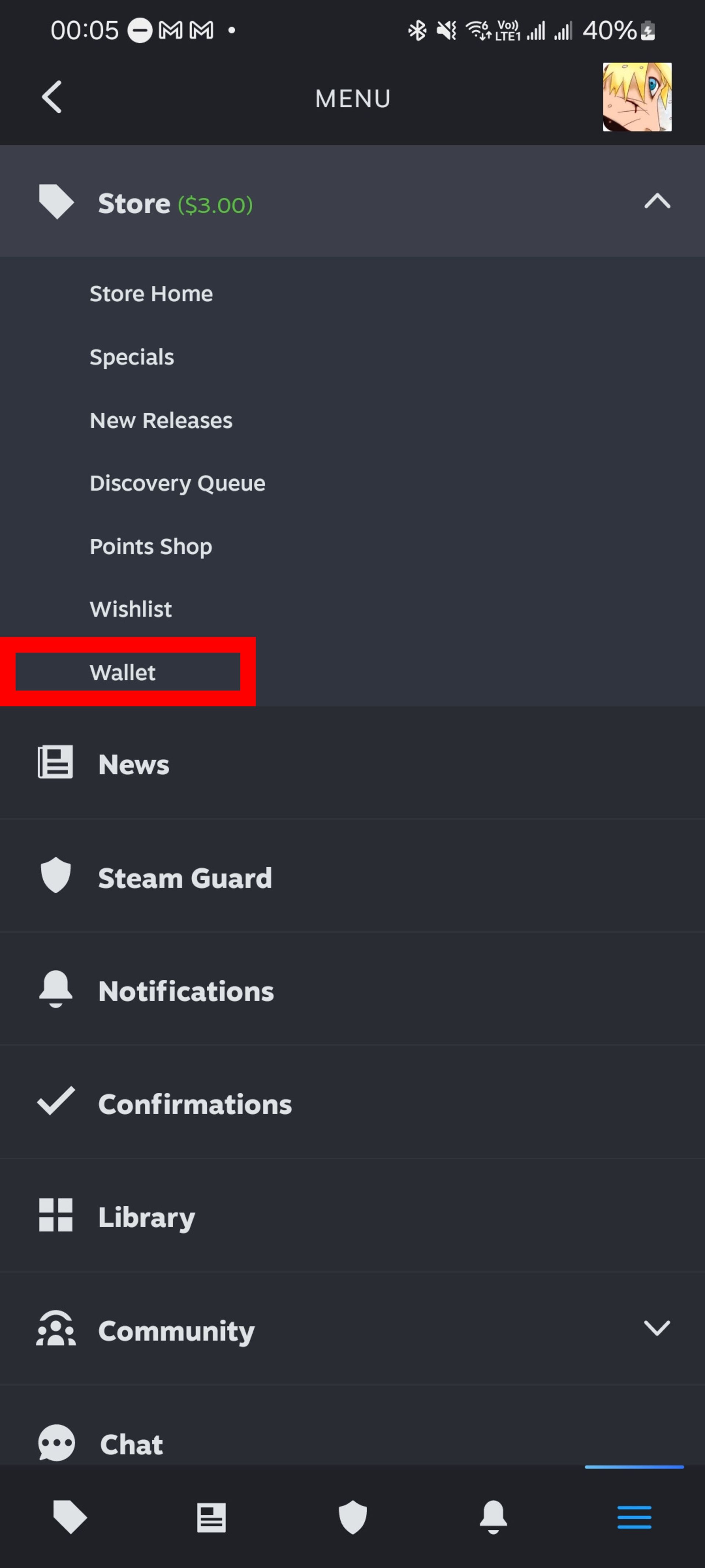 انتخاب کردن کیف پول (Wallet) در برنامه استیم (Steam)