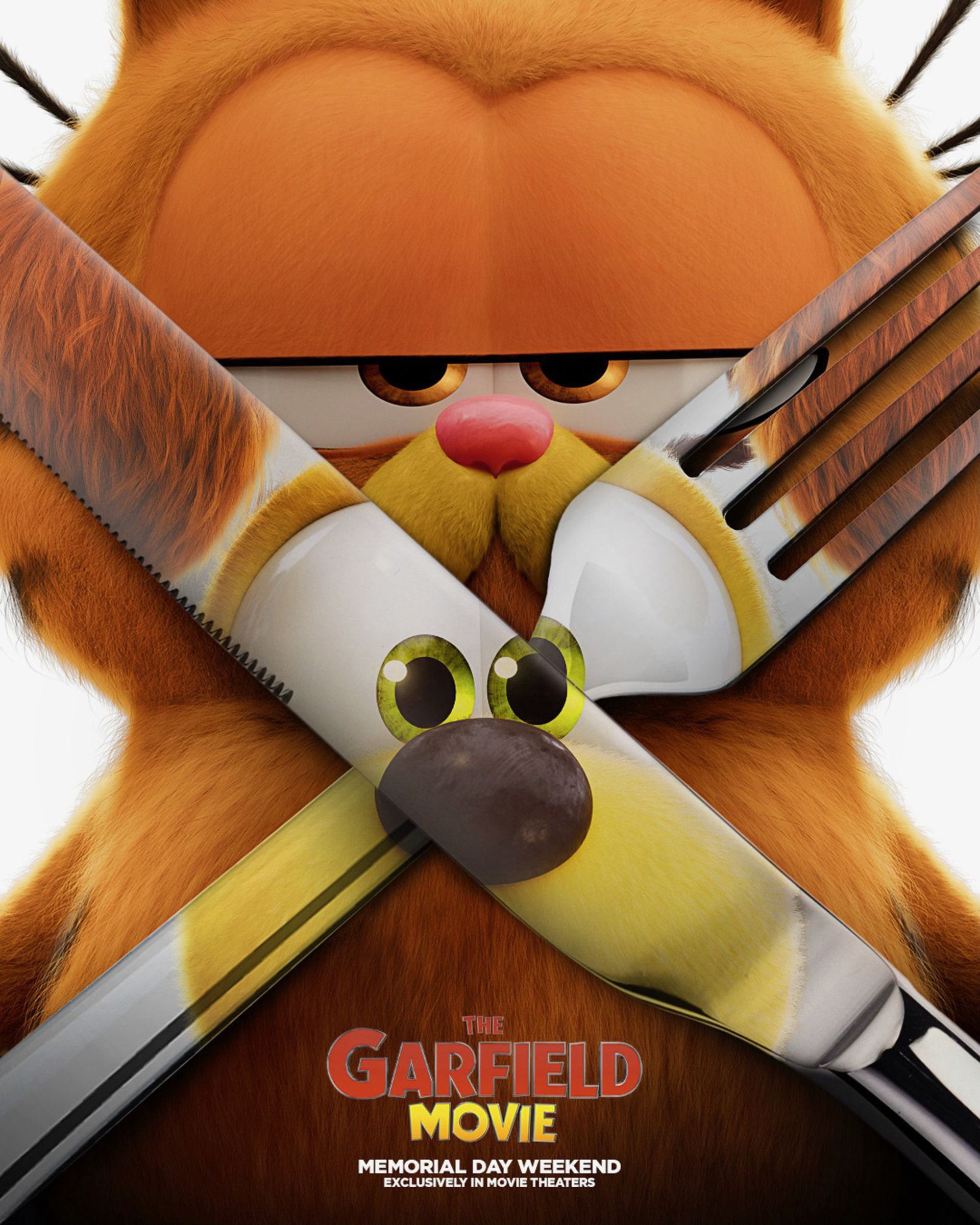 گربه و سگ با چنگال و چاقو در پوستر انیمیشن The Garfield Movie (گارفیلد ۲۰۲۴)