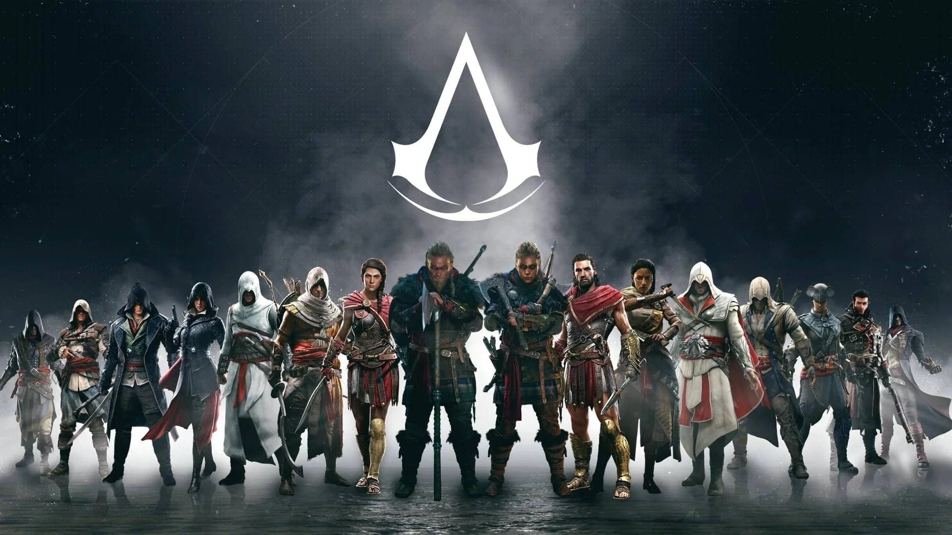 ایستادن تمام شخصیت‌های اصلی سری Assassin’s Creed زیر لوگوی آن