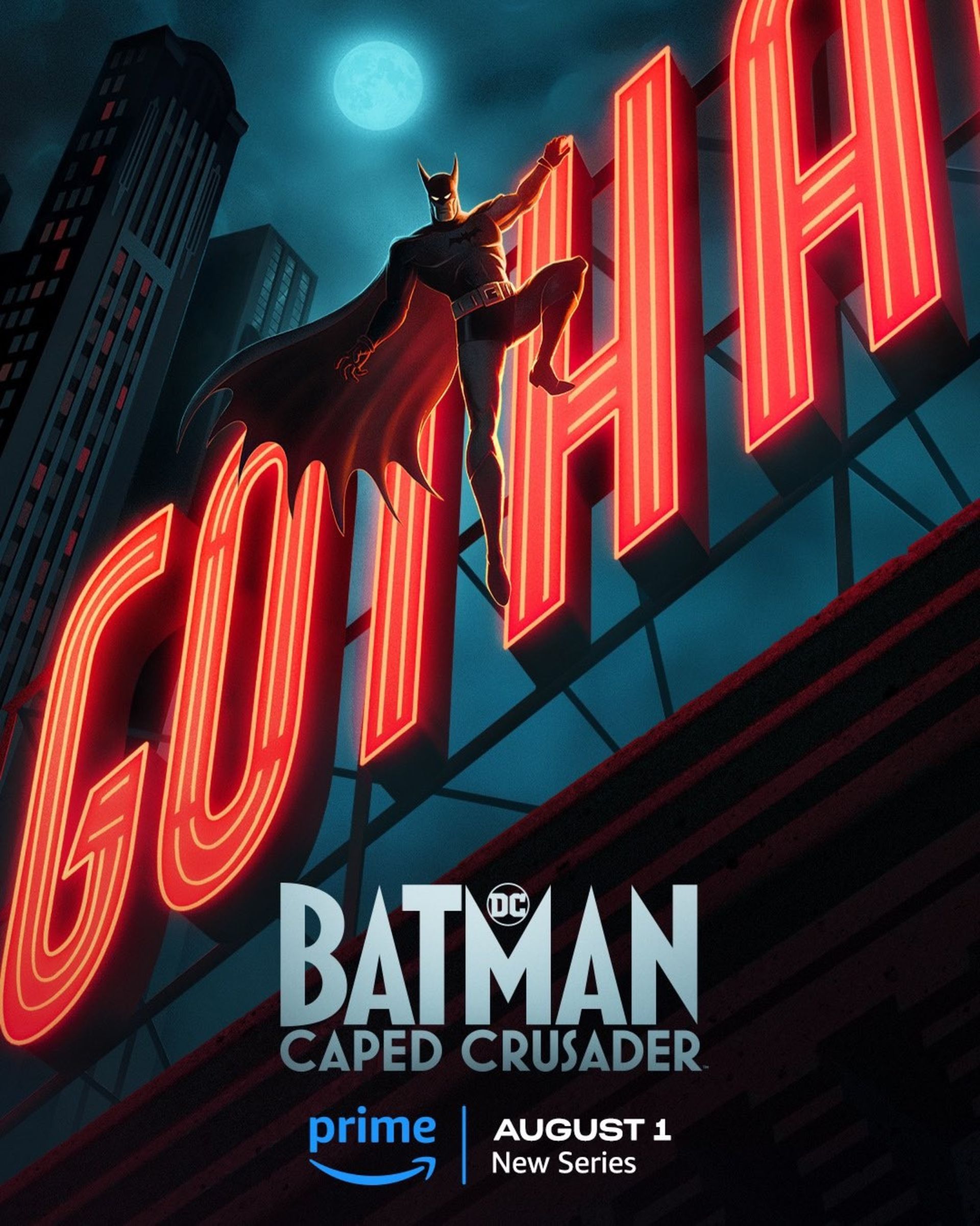 آویزان شدن بتمن از چراغ نئونی در پوستر Batman: Caped Crusader