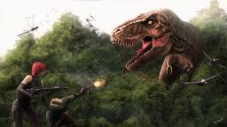مبارزه شخصیت‌های بازی با دایناسور بزرگ در جنگل انبوه بازی Dino Crisis