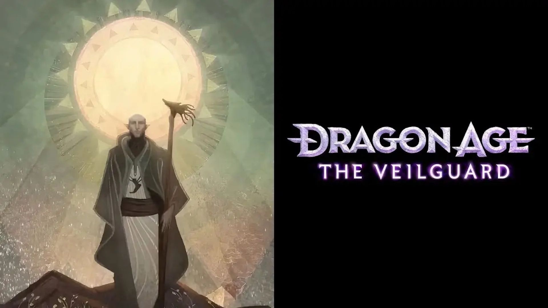 لوگوی بازی Dragon Age The Veilguard به همراه یکی از شخصیت‌های مهم آن