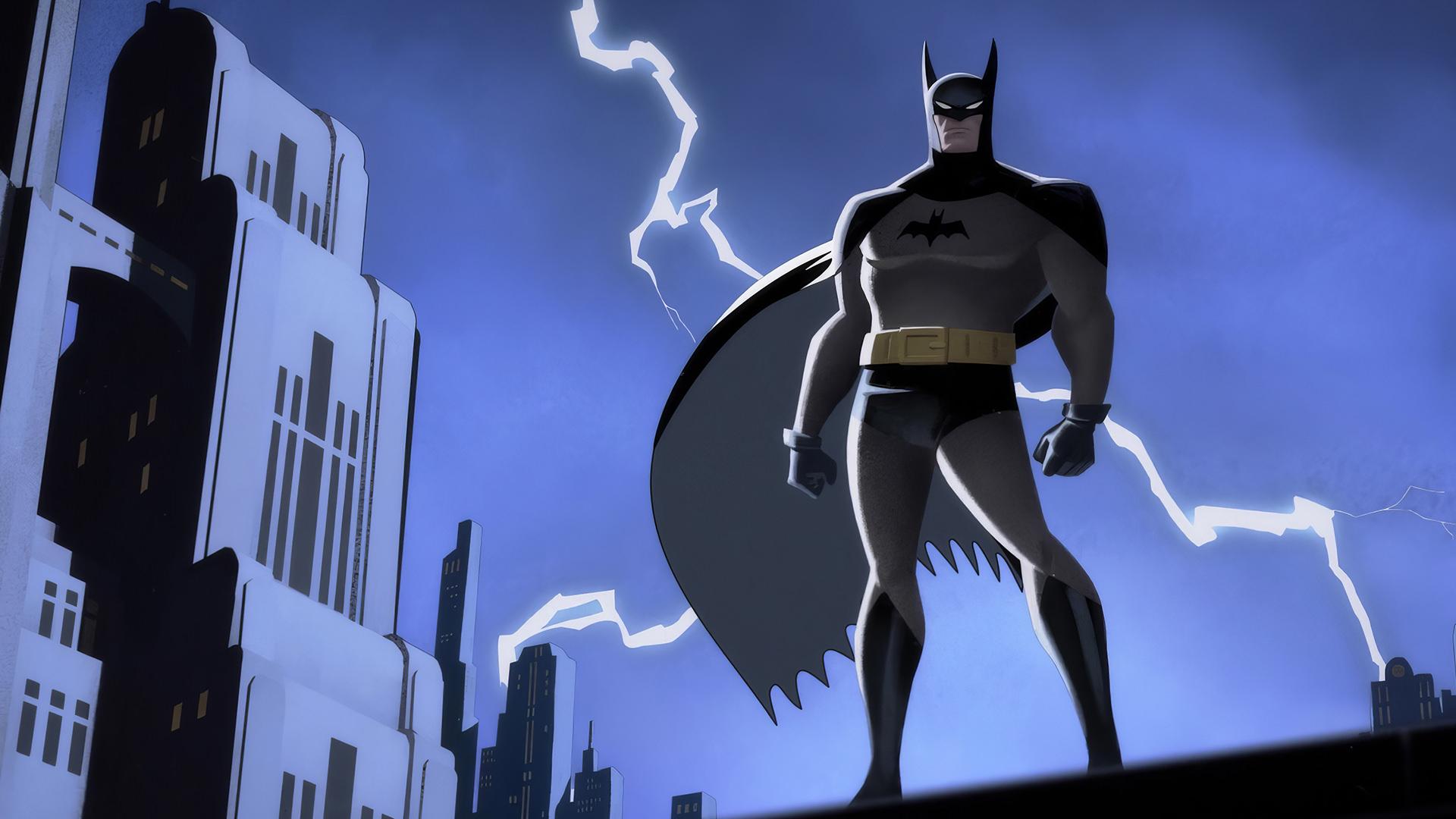شوالیه تاریکی بر فراز یکی از ساختمان‌های گاتهام در انیمیشن Batman: Caped Crusader