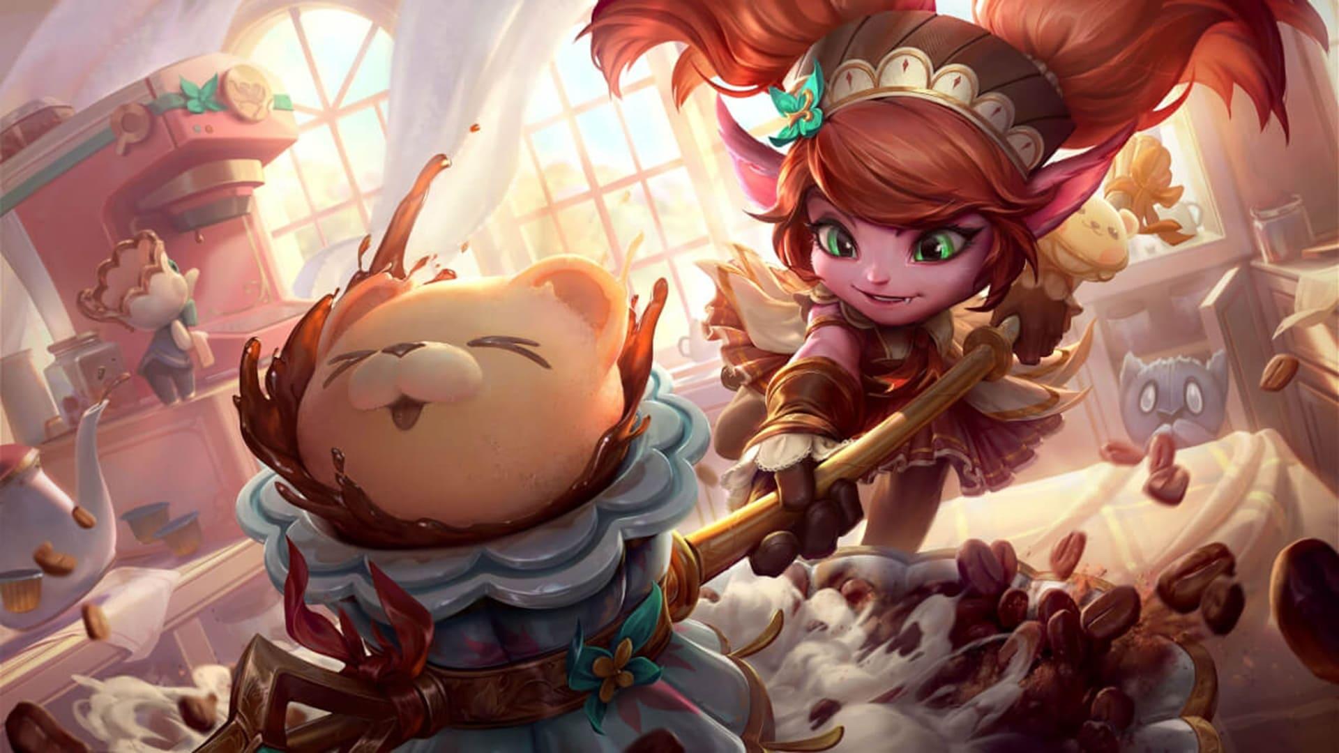 شخصیت‌های کارتونی در حال کار با شکلات و مواد شیرینی‌پزی در محیطی League of Legends