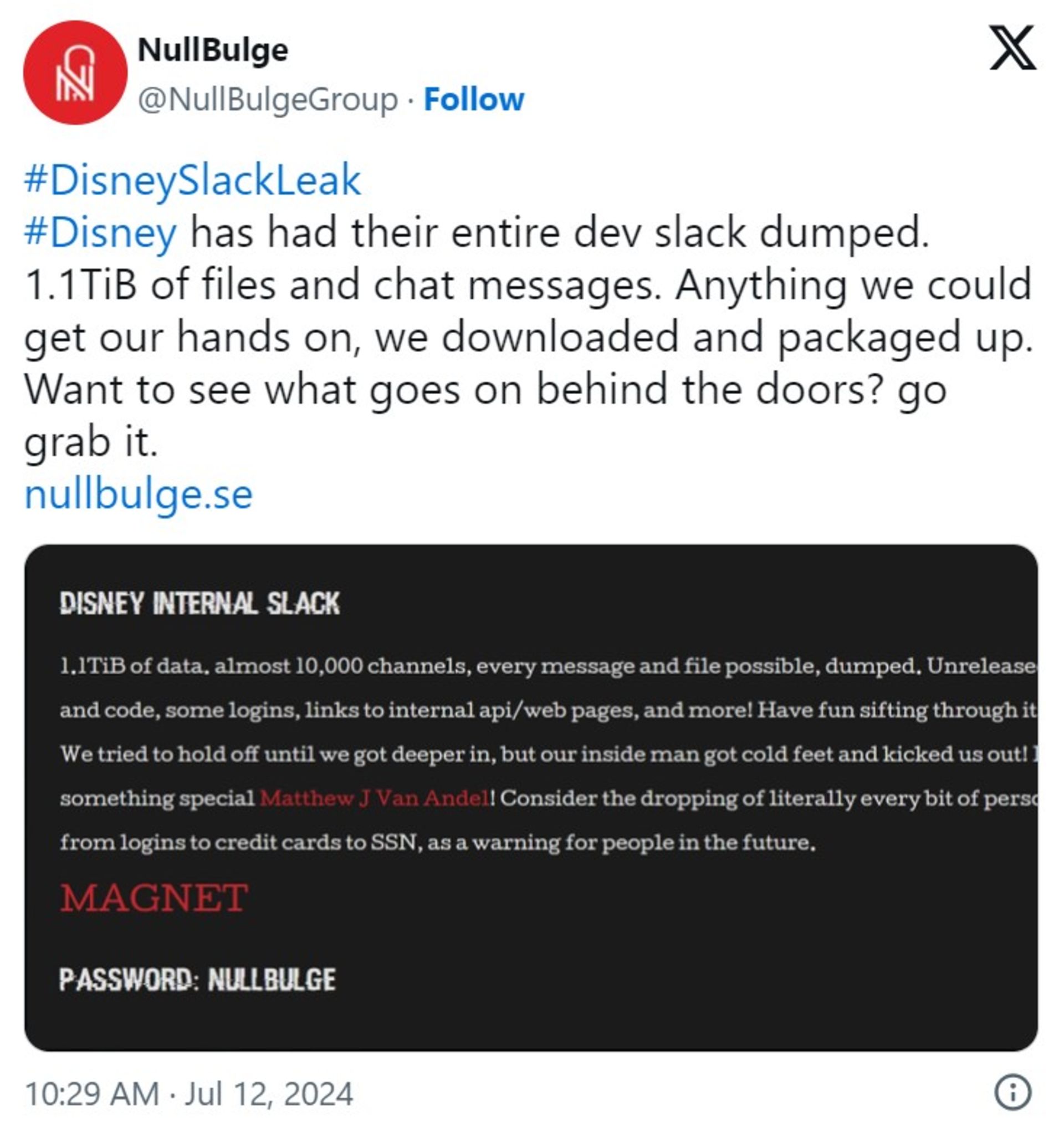 nullbulge hacker group post on x about breaching to disney slack data