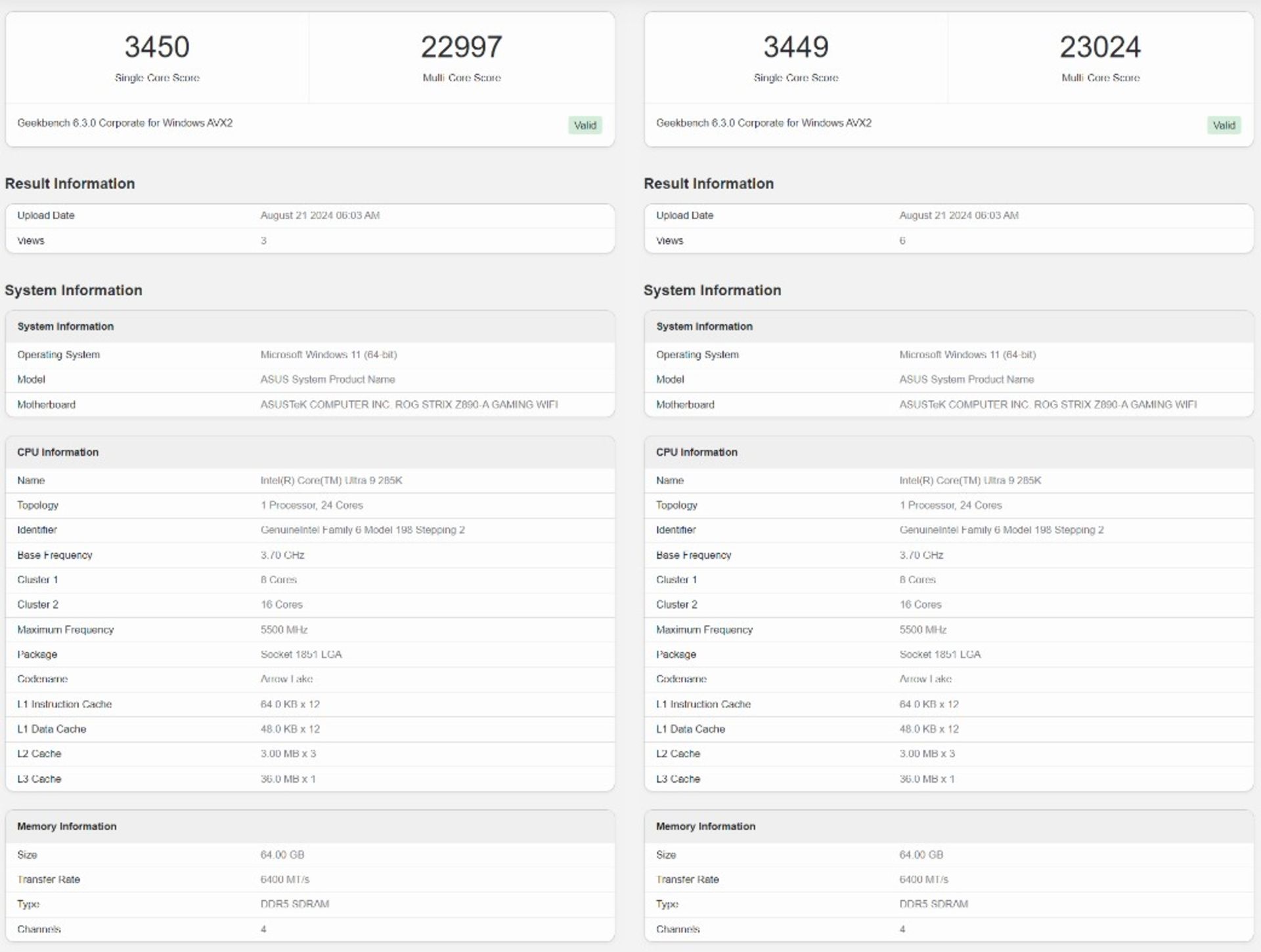 نتایج آزمون Geekbench پردازنده core ultra 9 285k از شرکت اینتل