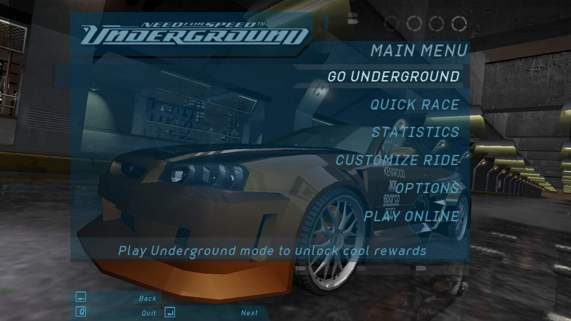 منوی اصلی بازی Need for Speed: Underground