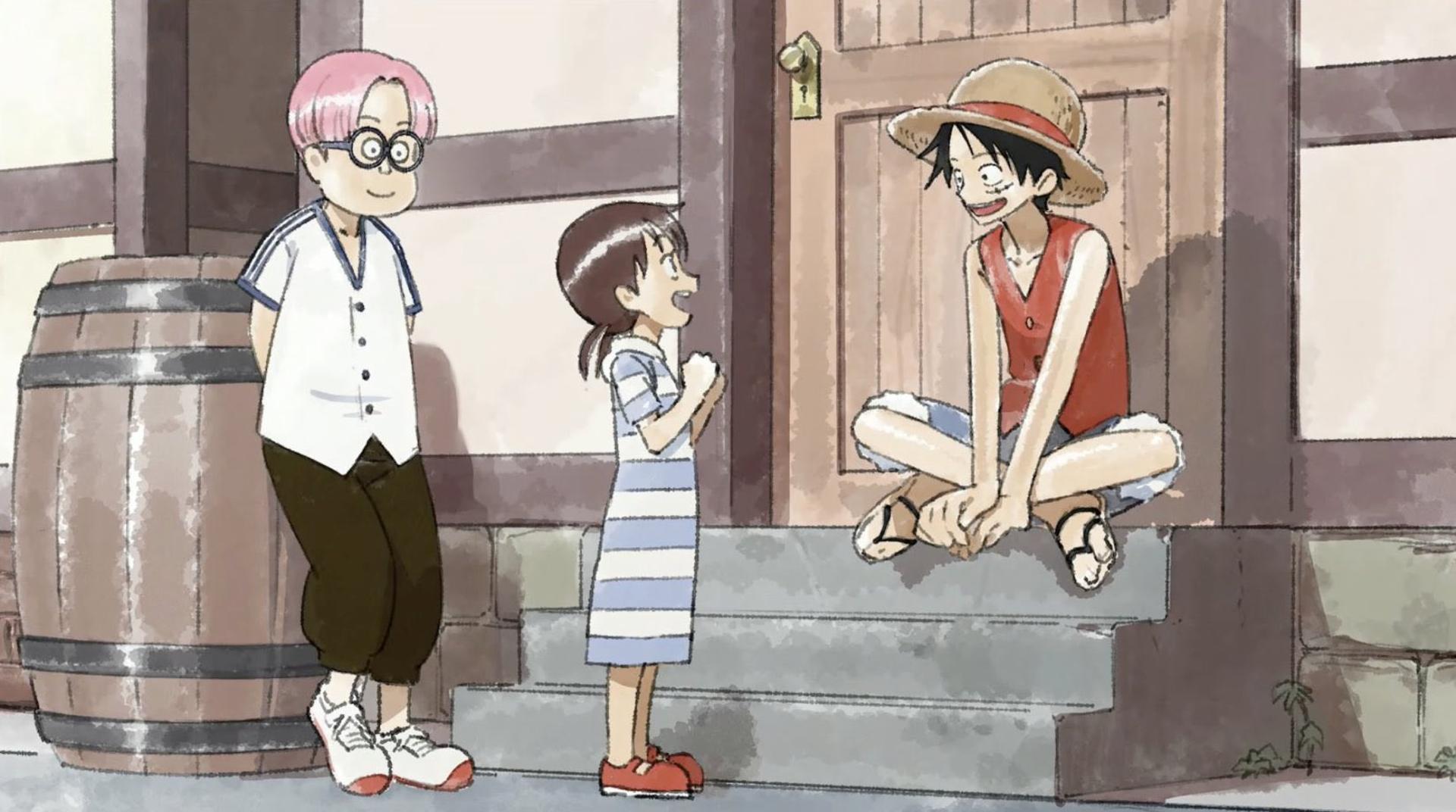 لوفی در حال صحبت با بچه‌ها در انیمه The One Piece 